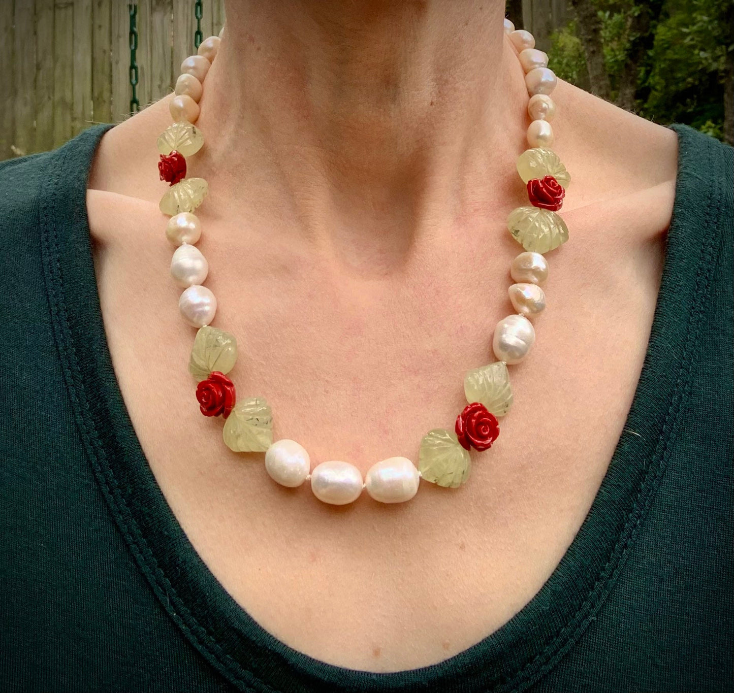Rose Garden Necklace: Pearl, Green Fluorite, Resin Flowers, Gold, Handmade Jewelry