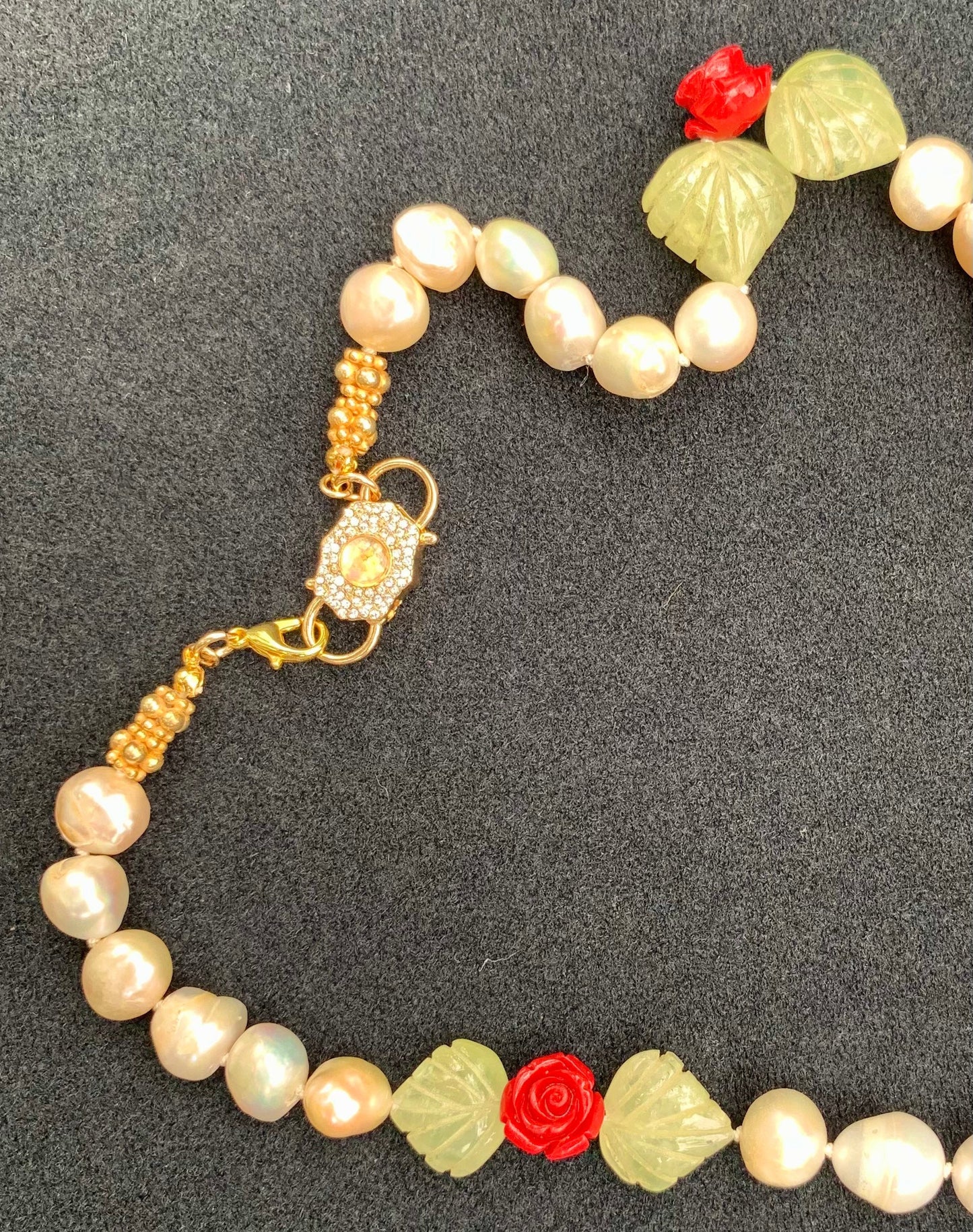 Rose Garden Necklace: Pearl, Green Fluorite, Resin Flowers, Gold, Handmade Jewelry