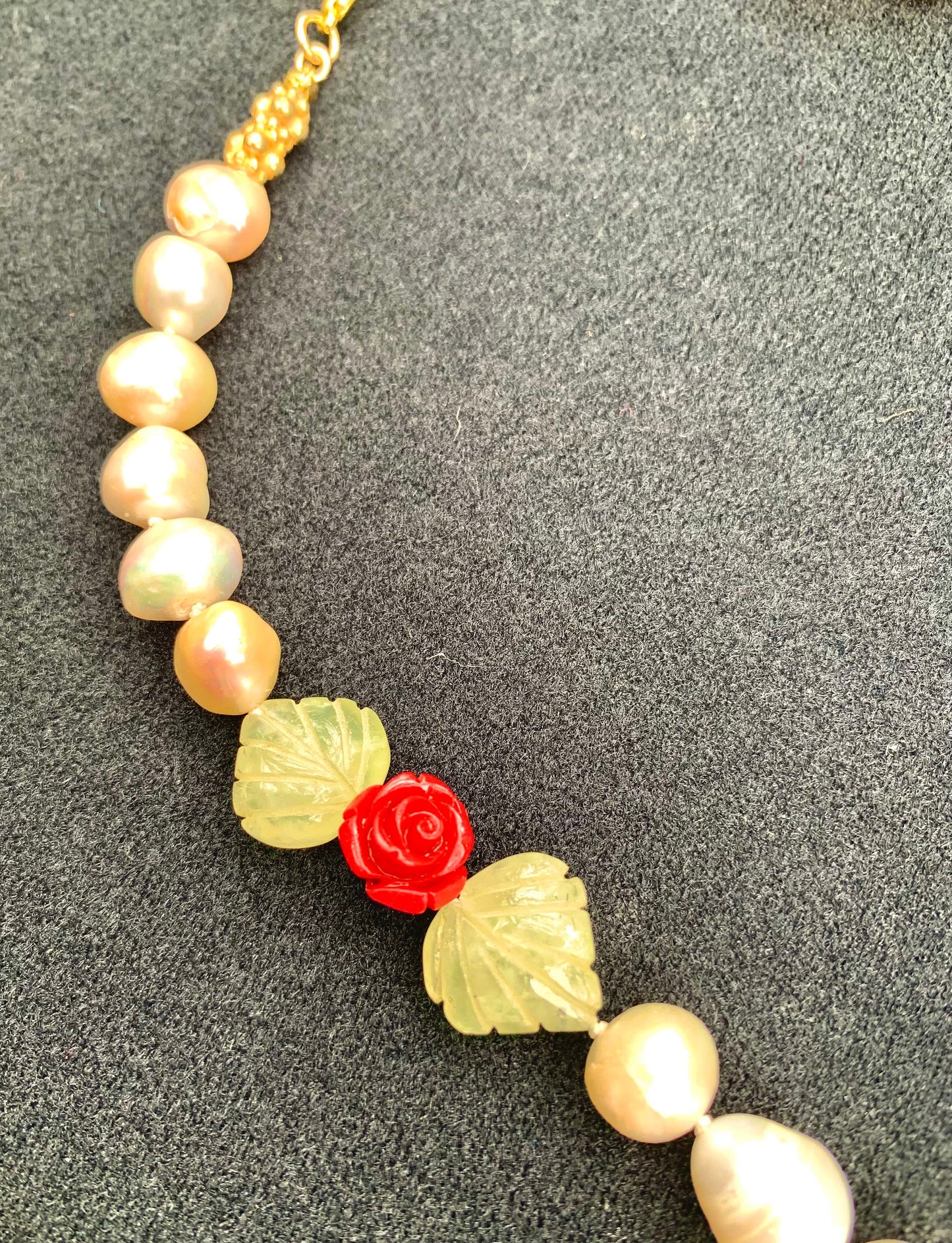 Rose Garden Necklace: Pearl, Green Fluorite, Resin Flowers, Gold, Handmade Jewelry