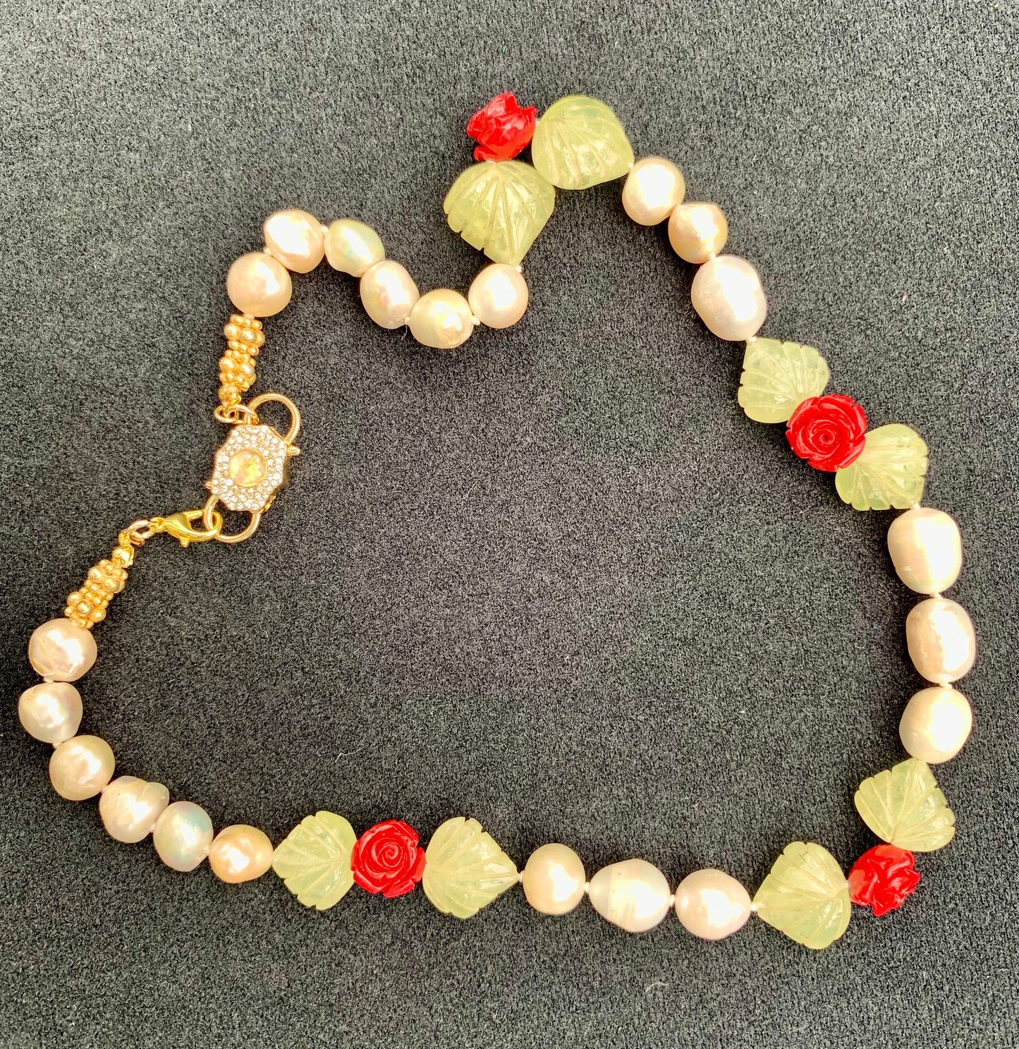 Rose Garden Necklace: Pearl, Green Fluorite, Resin Flowers, Gold, Handmade Jewelry