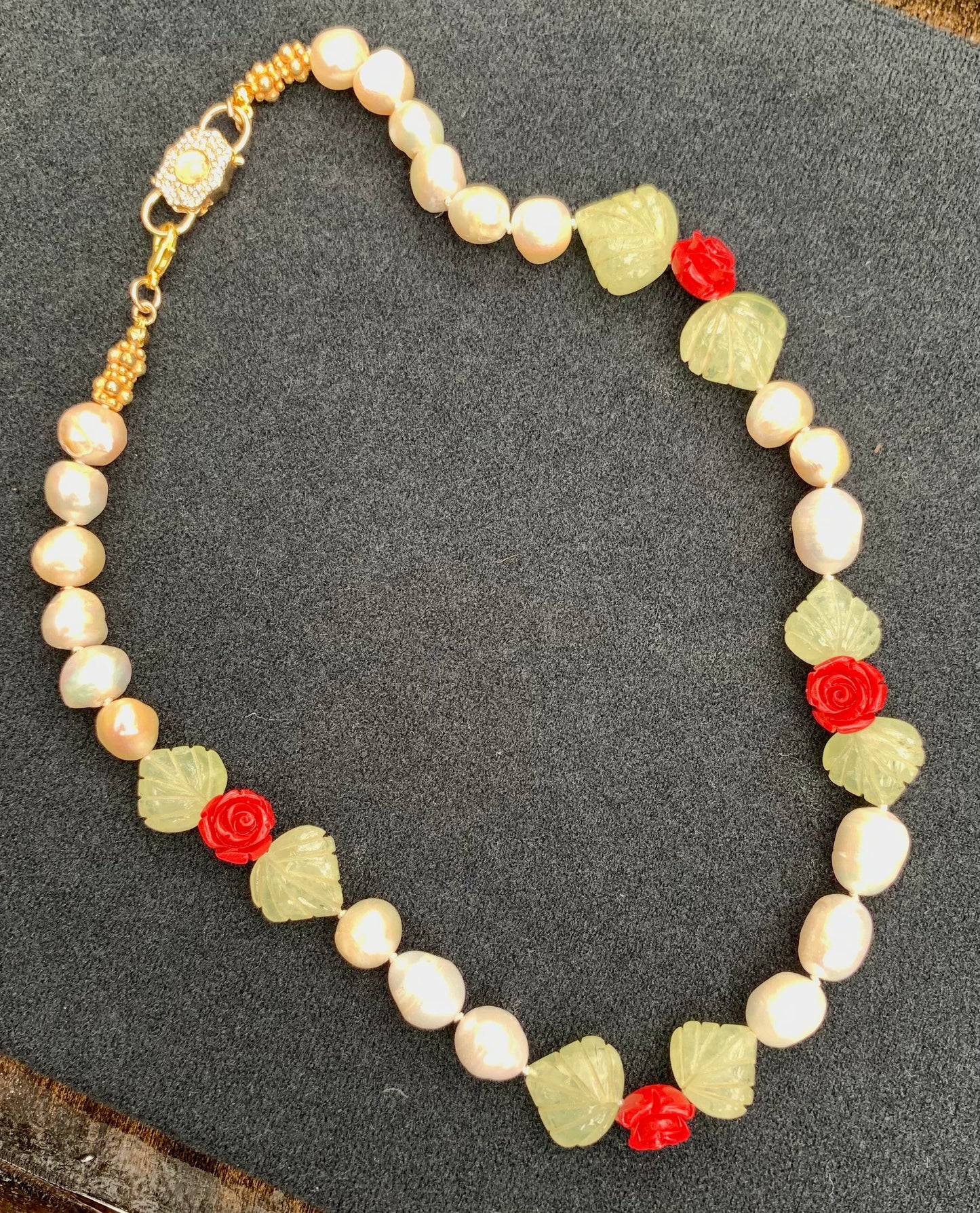 Rose Garden Necklace: Pearl, Green Fluorite, Resin Flowers, Gold, Handmade Jewelry