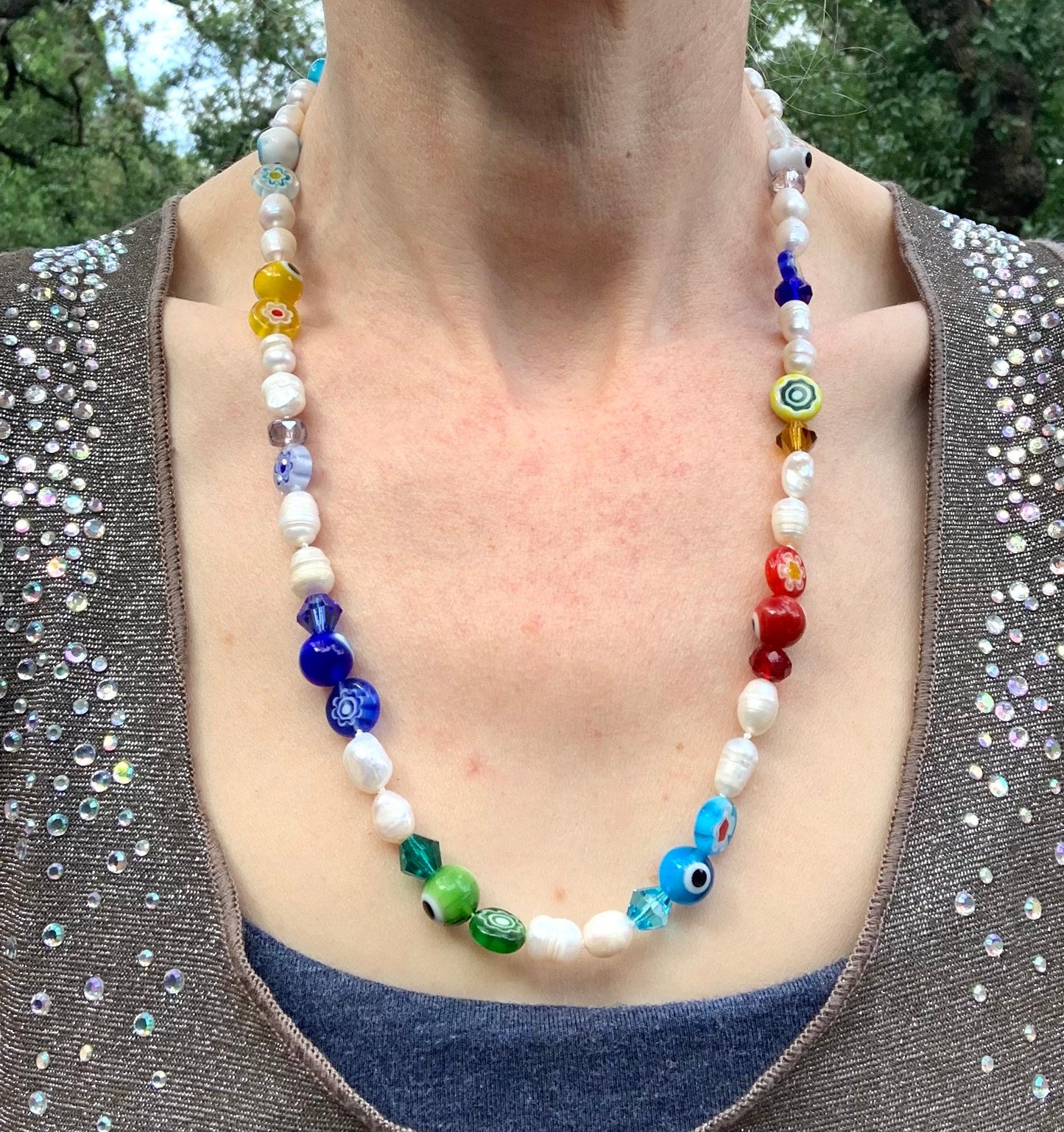 Boho Chic Pearl Millefiori Glass Crystal Necklace