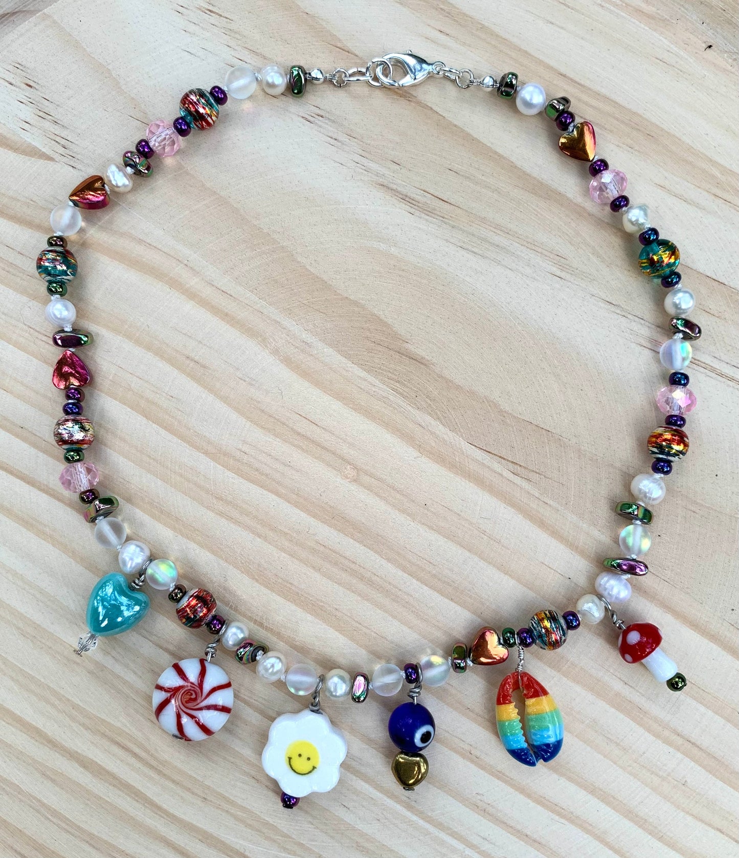 Funky Pearl, Ceramic Charm, Glass Bead Necklace