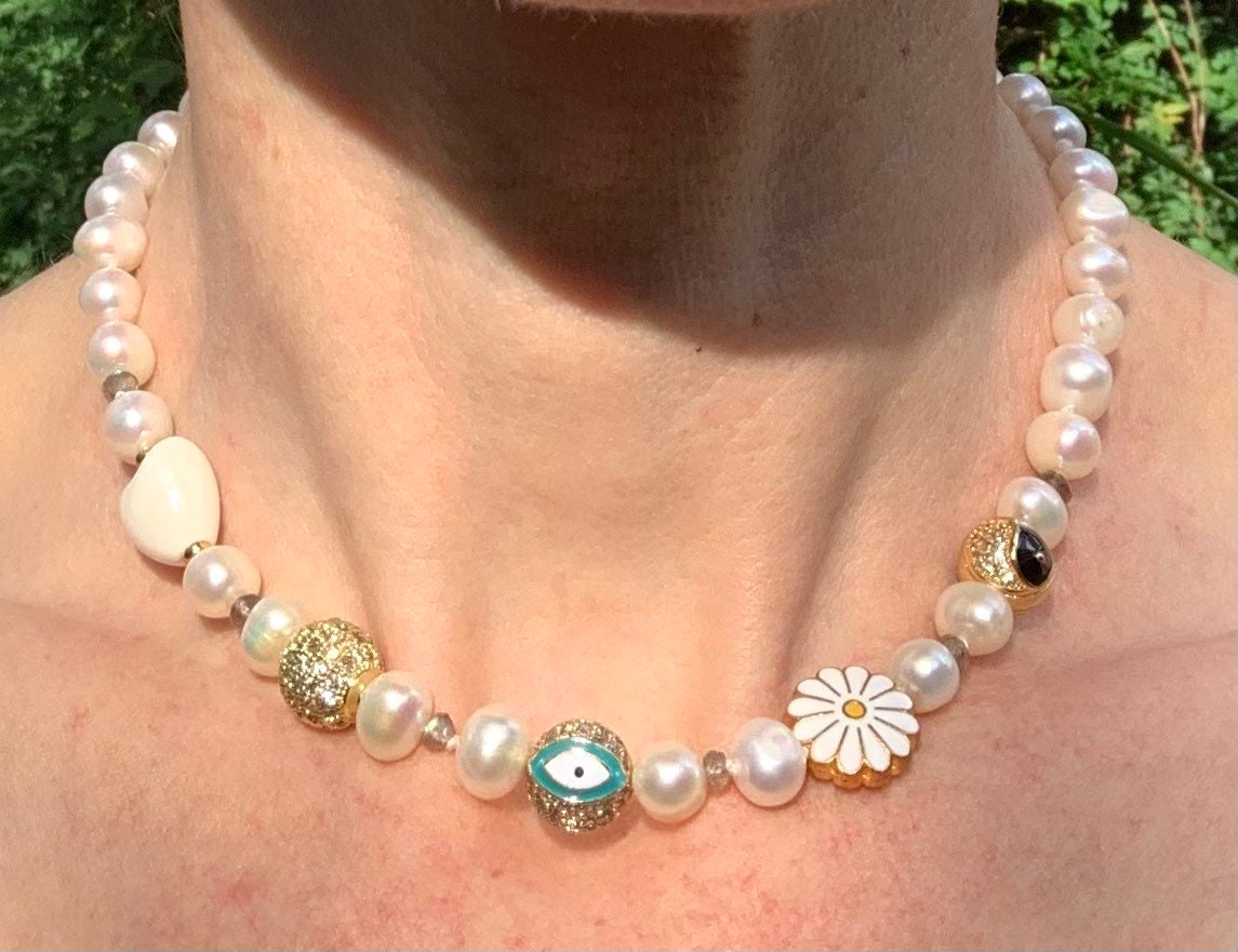 Pearl Gold Pave & Enamel Charm Bead Necklace