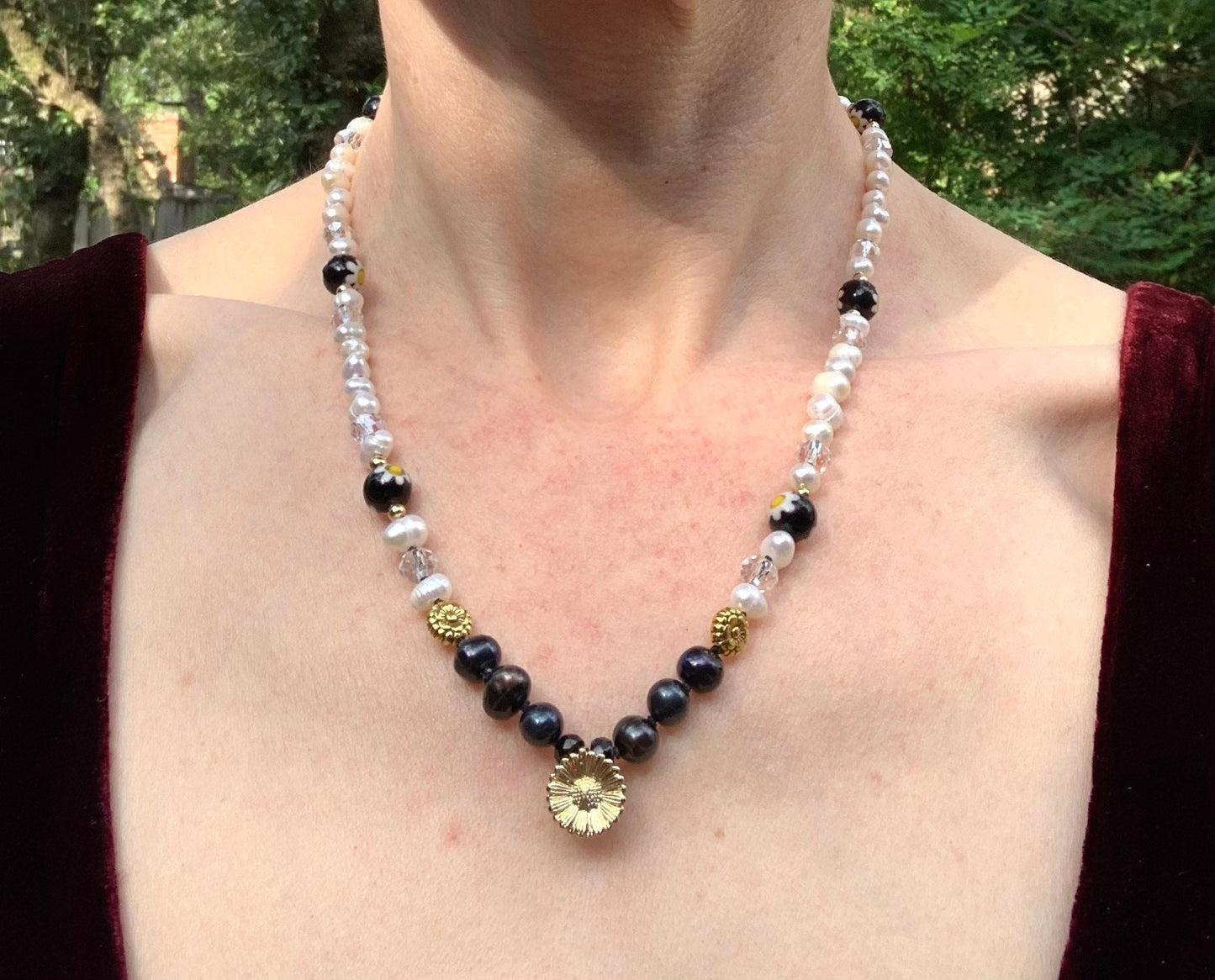 Gold Sunflower, Pearl, Black Pearl, Millefiori Murano Flower Necklace