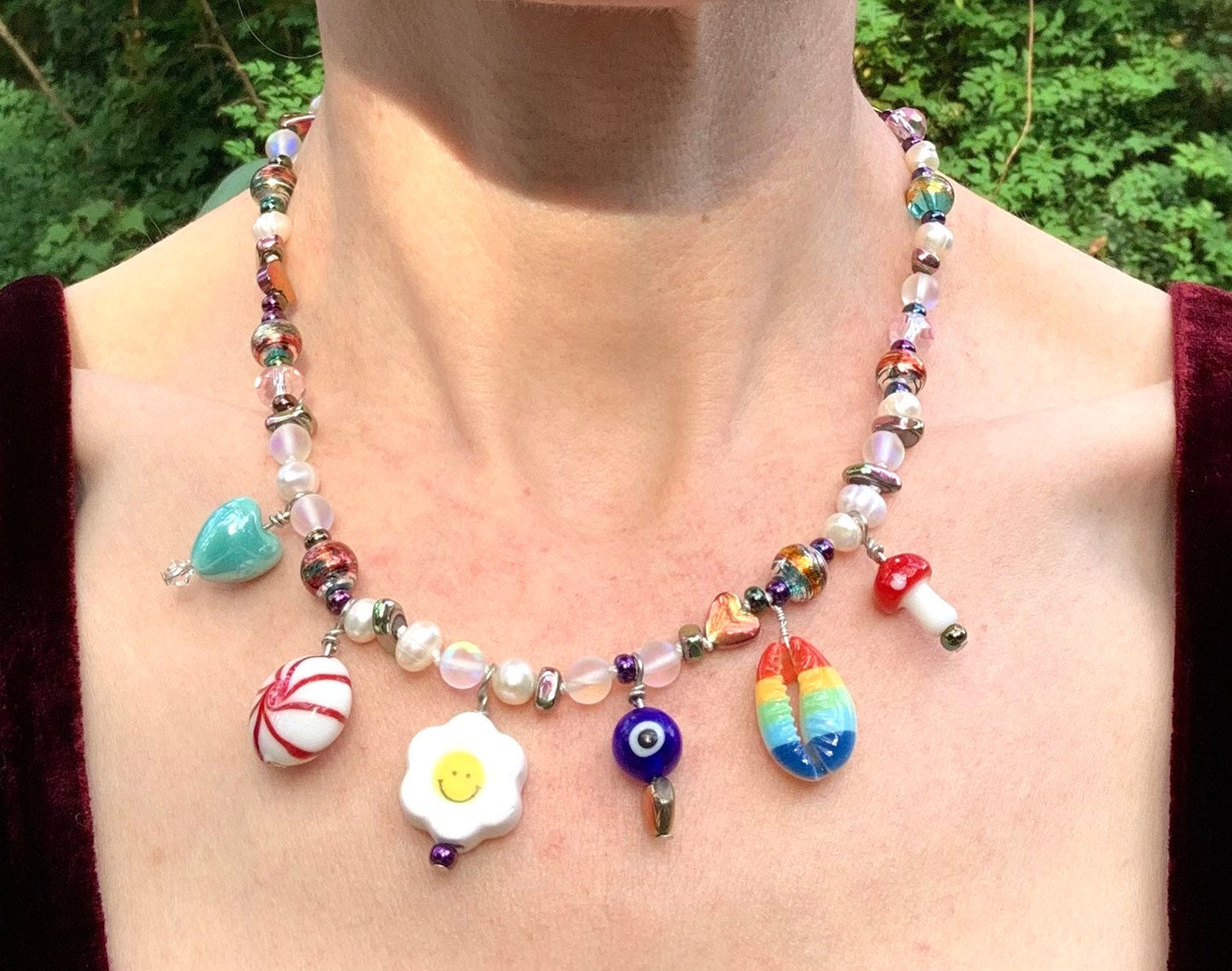 Funky Pearl, Ceramic Charm, Glass Bead Necklace
