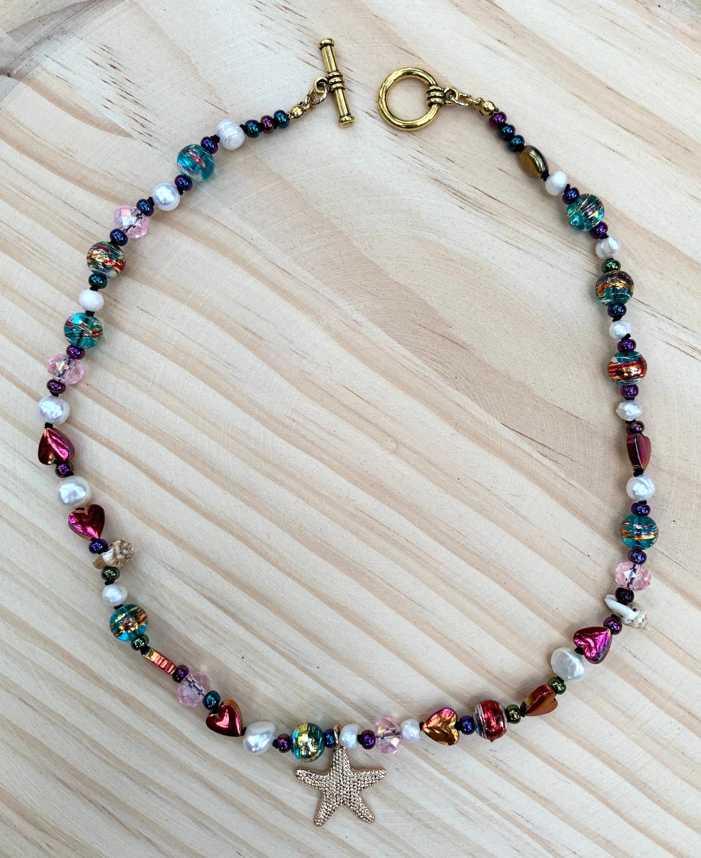 Beachy Boho Chic Pearl & Glass bead, Gold Starfish pendant Necklace