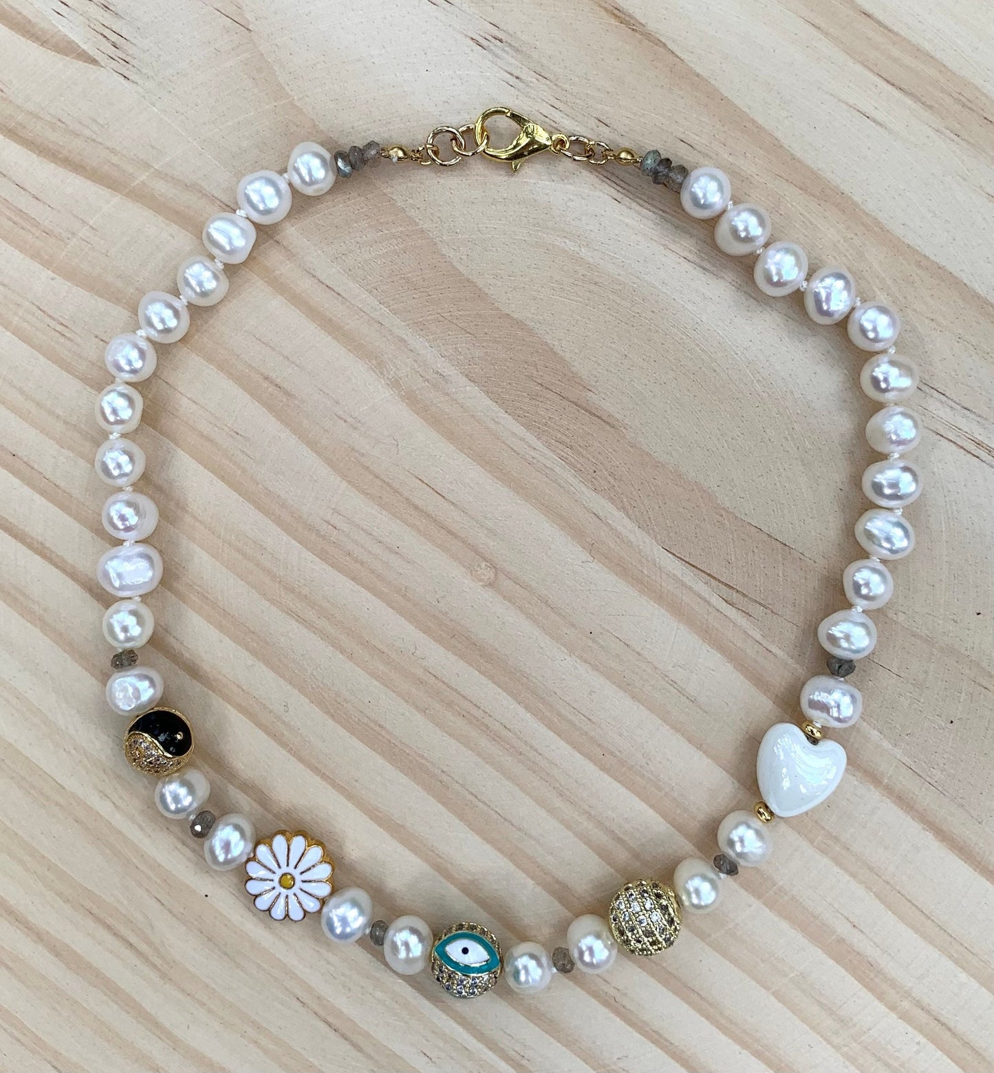 Pearl Gold Pave & Enamel Charm Bead Necklace
