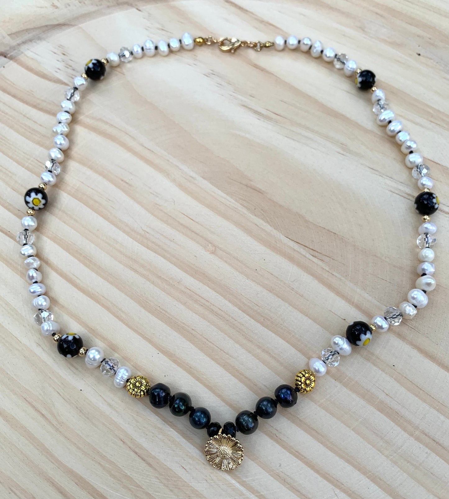 Gold Sunflower, Pearl, Black Pearl, Millefiori Murano Flower Necklace