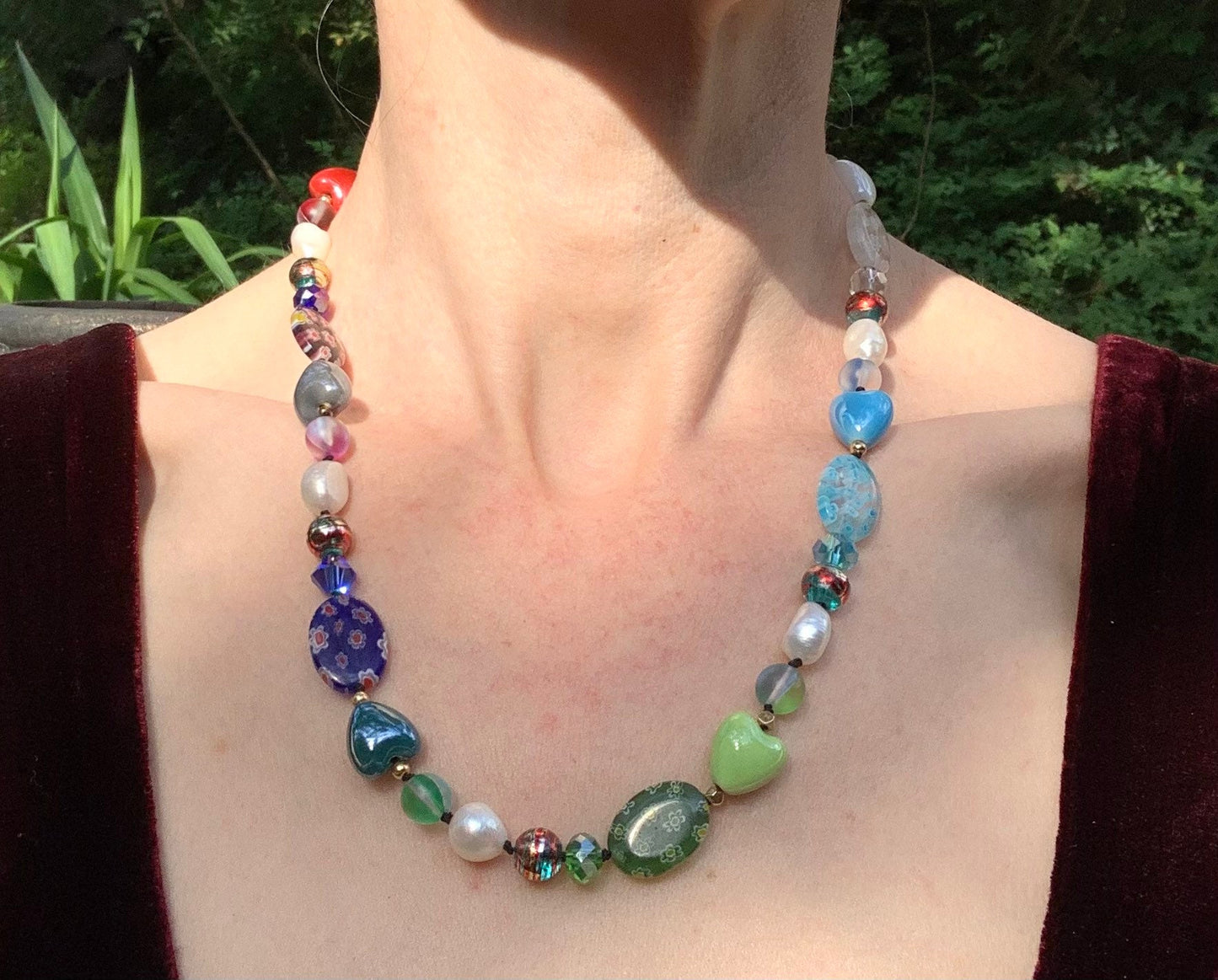 Boho Chic Rainbow Pearl Millefiori Heart and Crystal & Iridescent Glass Necklace