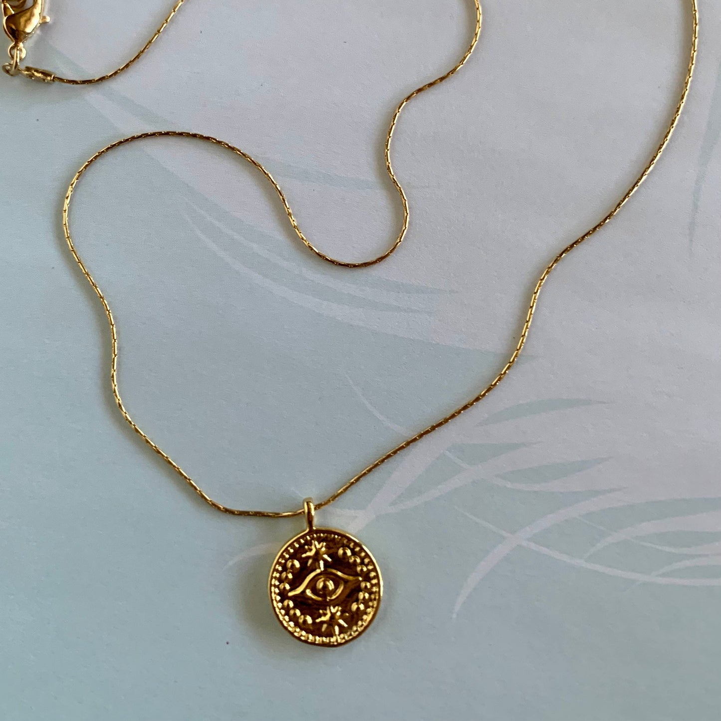 Evil Eye Gold Coin Pendant on Gold thin herringbone chain / All gold plated with gold fill clasp