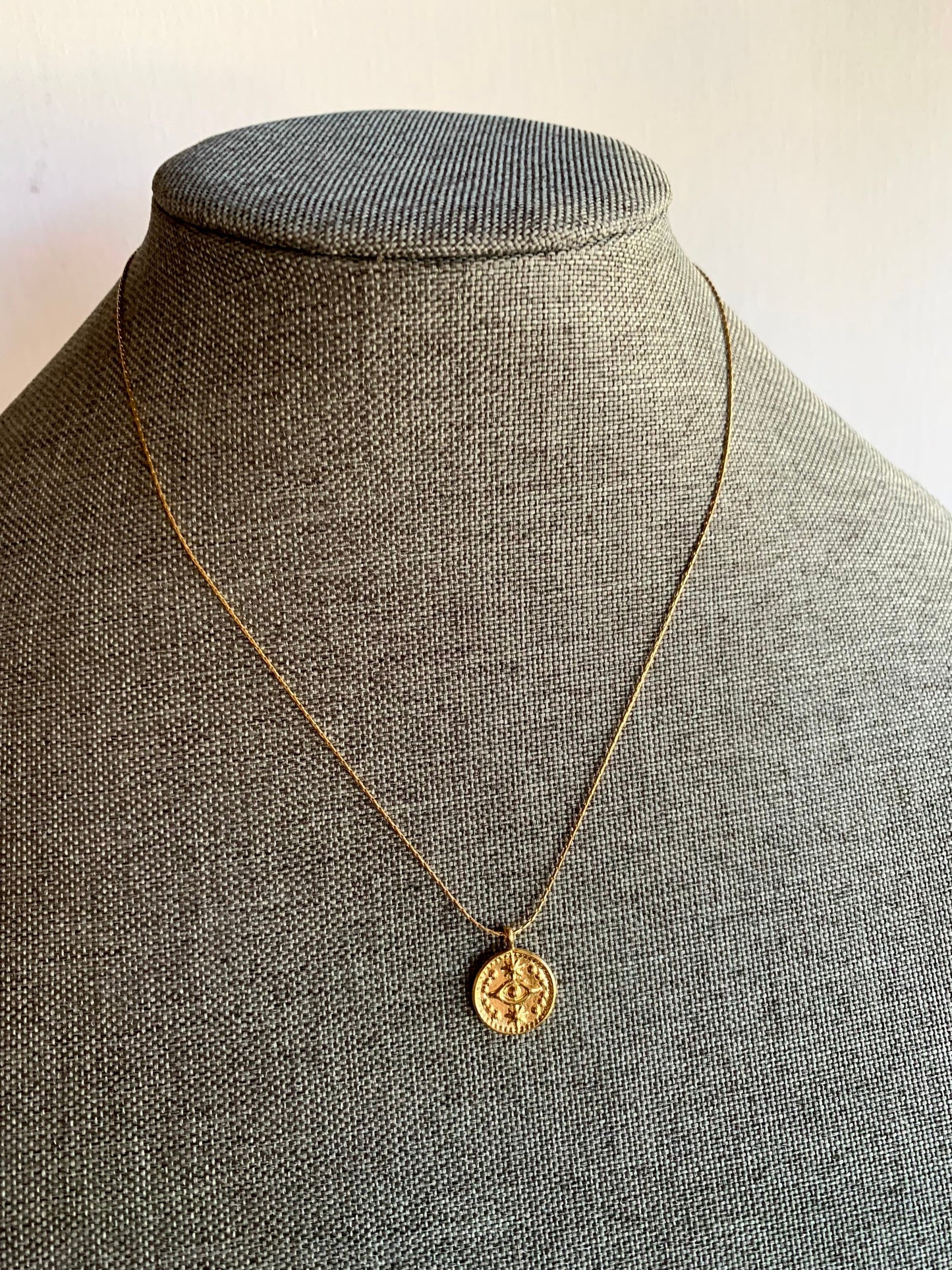 Evil Eye Gold Coin Pendant on Gold thin herringbone chain / All gold plated with gold fill clasp