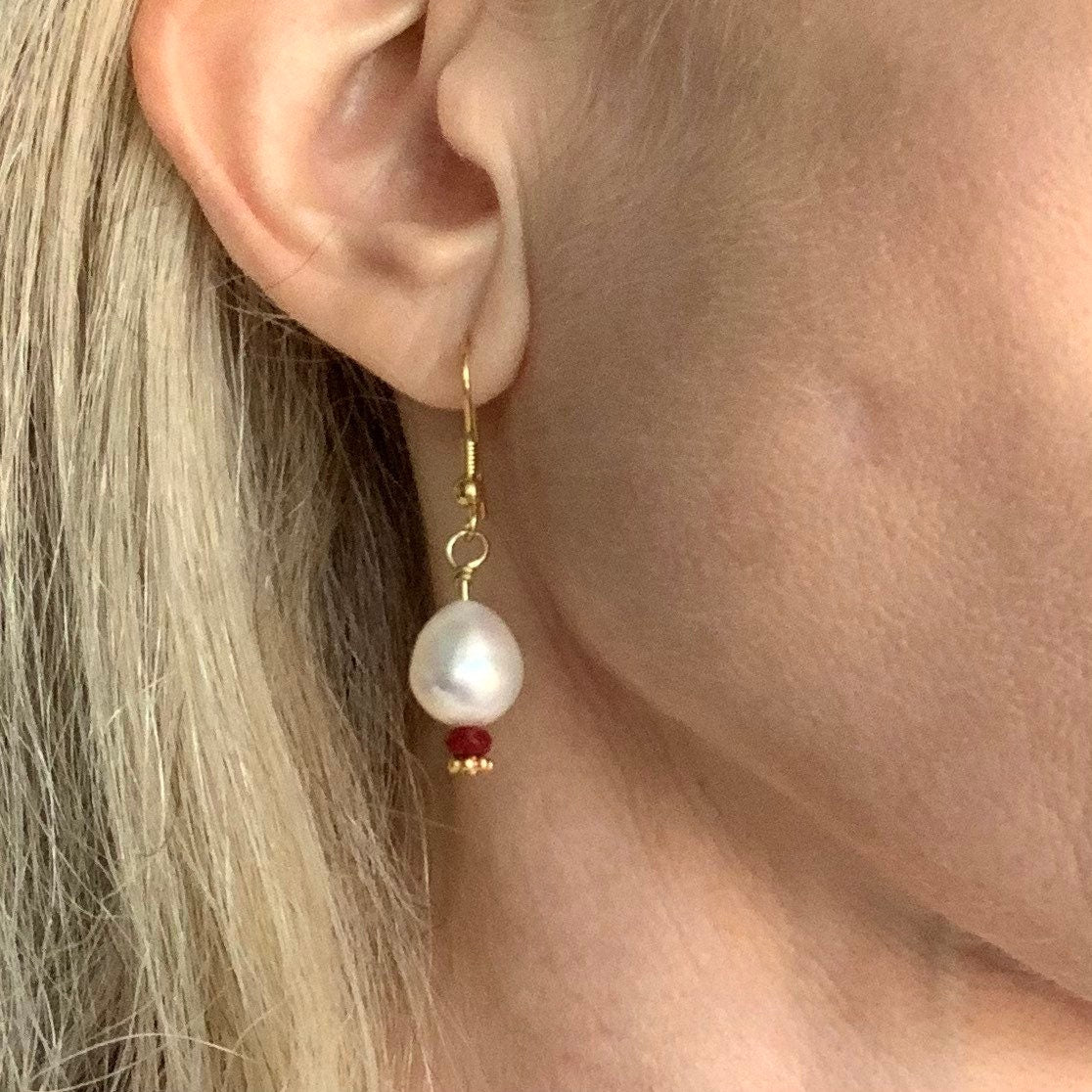 AAA Pearl and Ruby Drop Earrings with gold fill accents