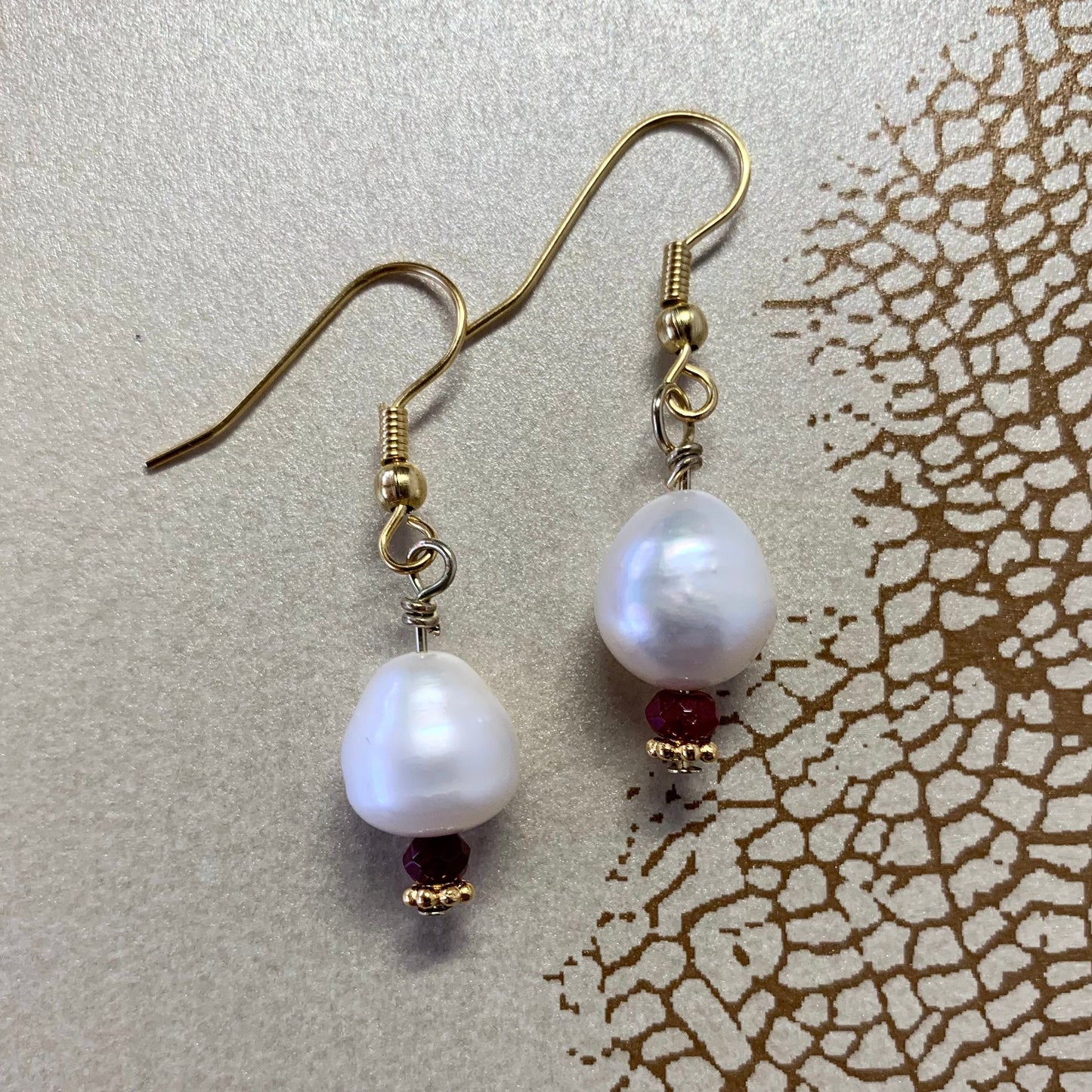 AAA Pearl and Ruby Drop Earrings with gold fill accents