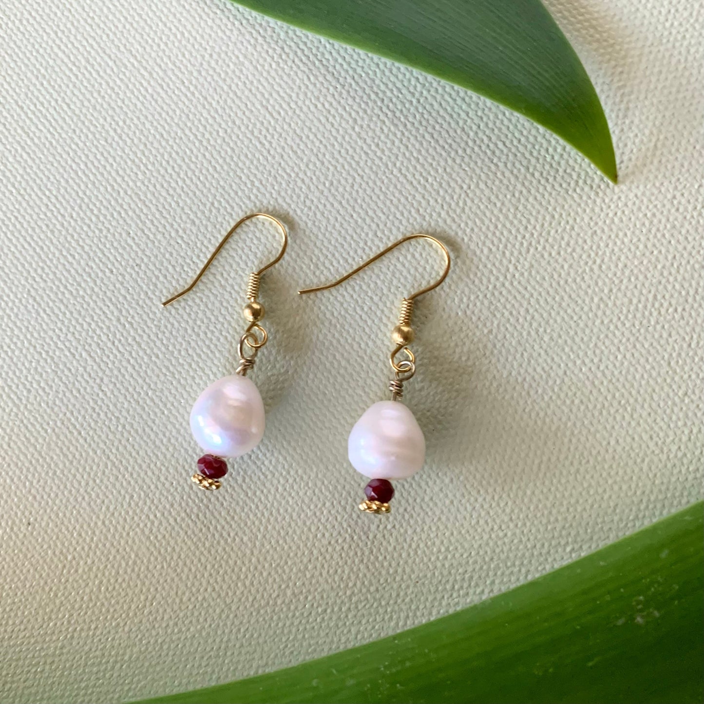 AAA Pearl and Ruby Drop Earrings with gold fill accents