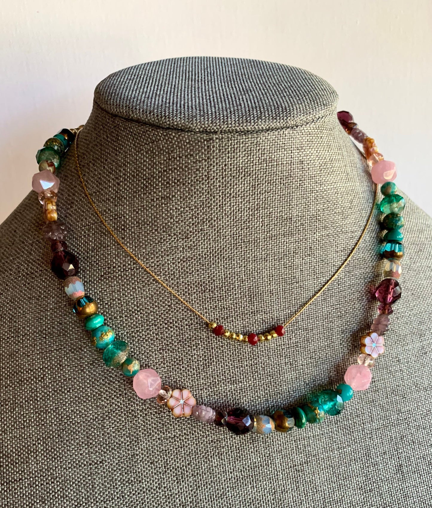 Spring to Fall Czech Glass Pressed Flower / Picasso Hibiscus Bead / Mixed Glass Vintage Necklace