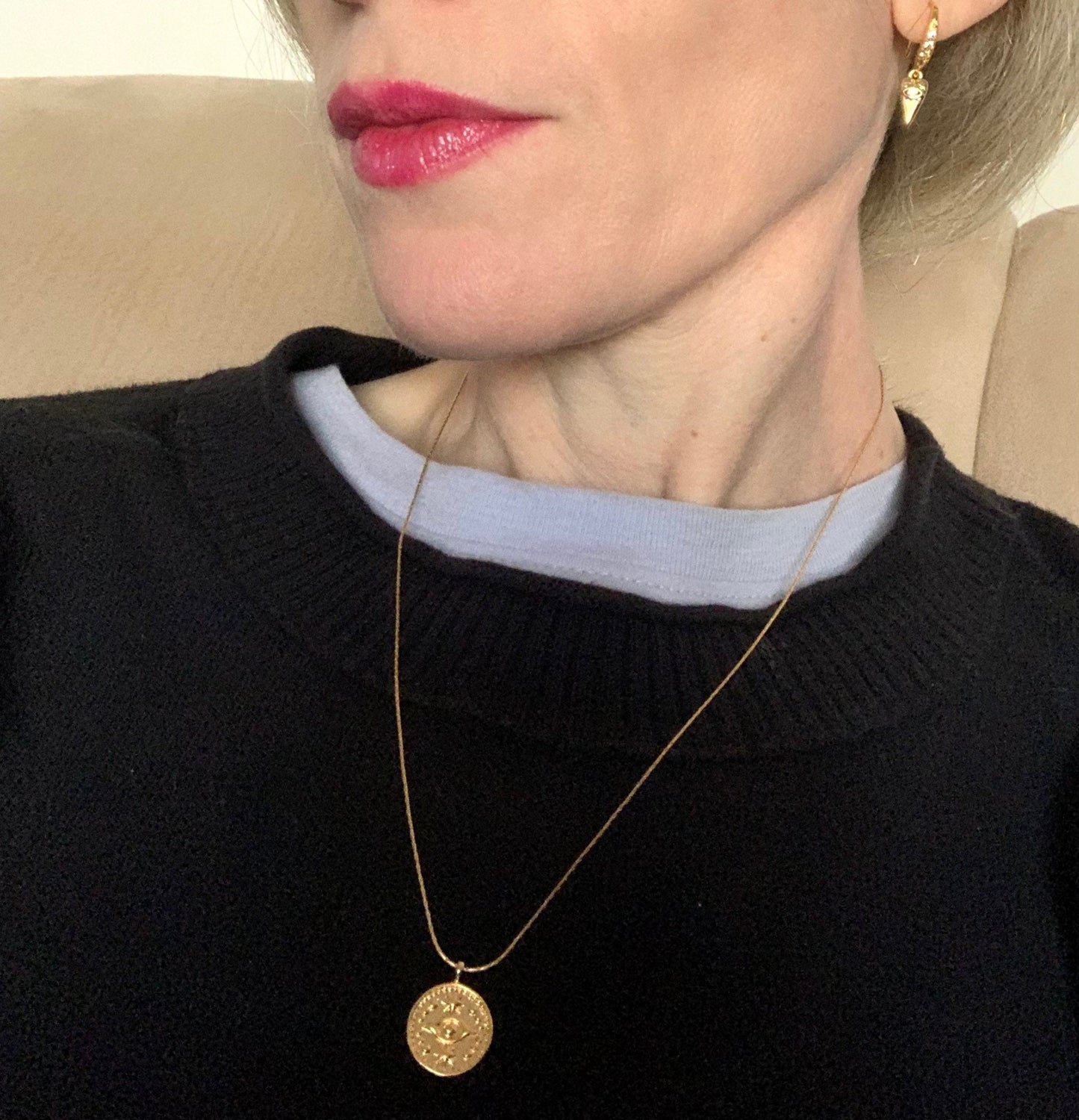 Evil Eye Gold Coin Pendant on Gold thin herringbone chain / All gold plated with gold fill clasp