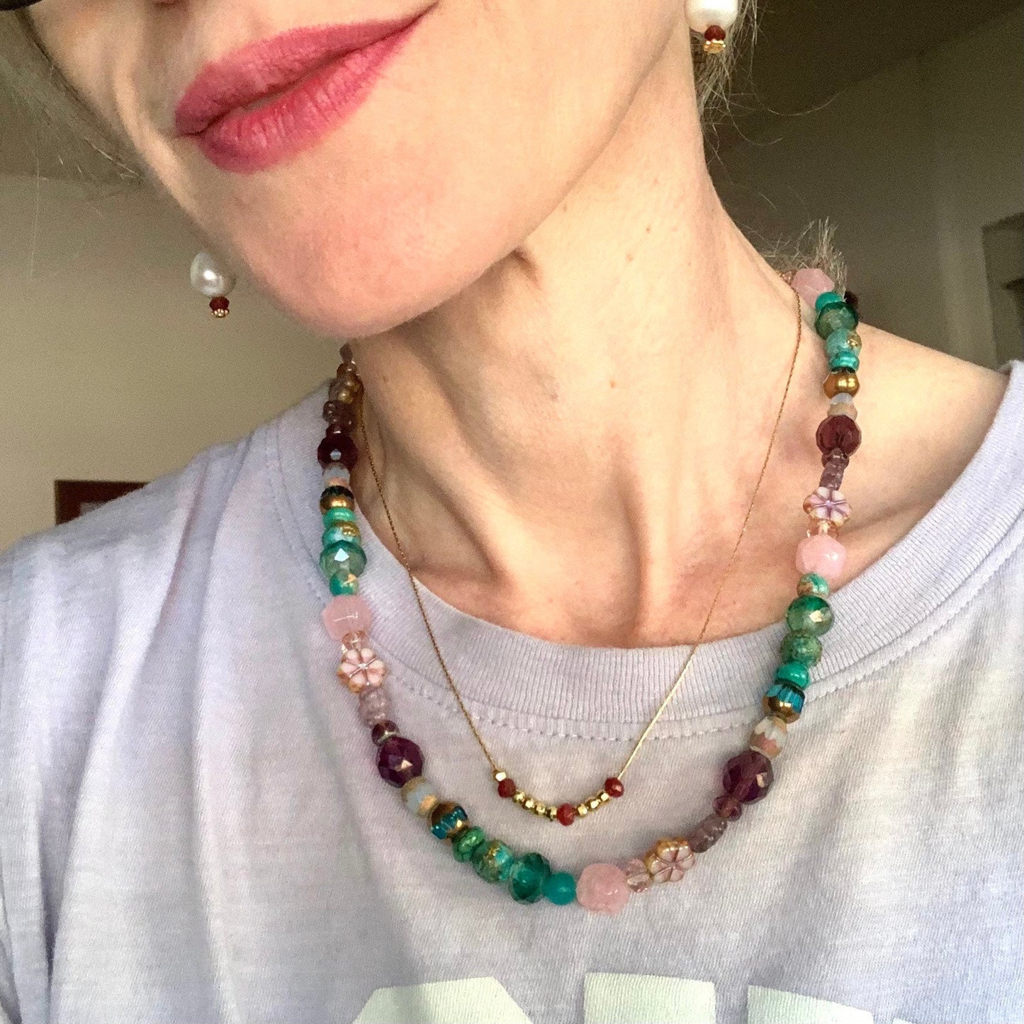 AAA Pearl and Ruby Drop Earrings with gold fill accents