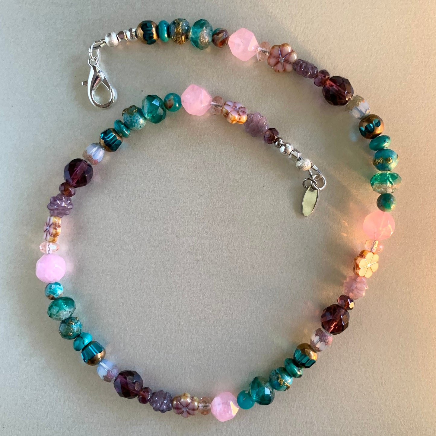 Spring to Fall Czech Glass Pressed Flower / Picasso Hibiscus Bead / Mixed Glass Vintage Necklace