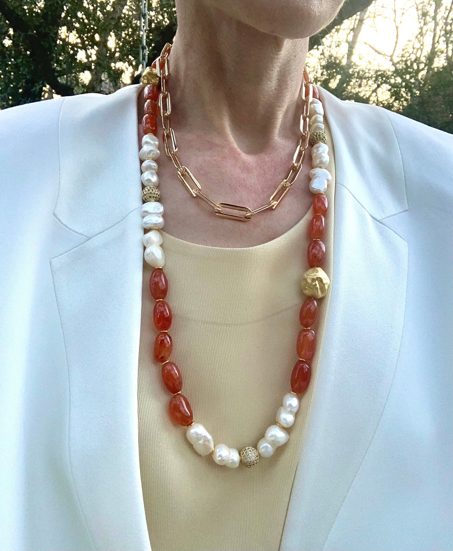 Large Carnelian and Baroque Pearl /Diamond & Gold /Henry Dunay Inspired Necklace