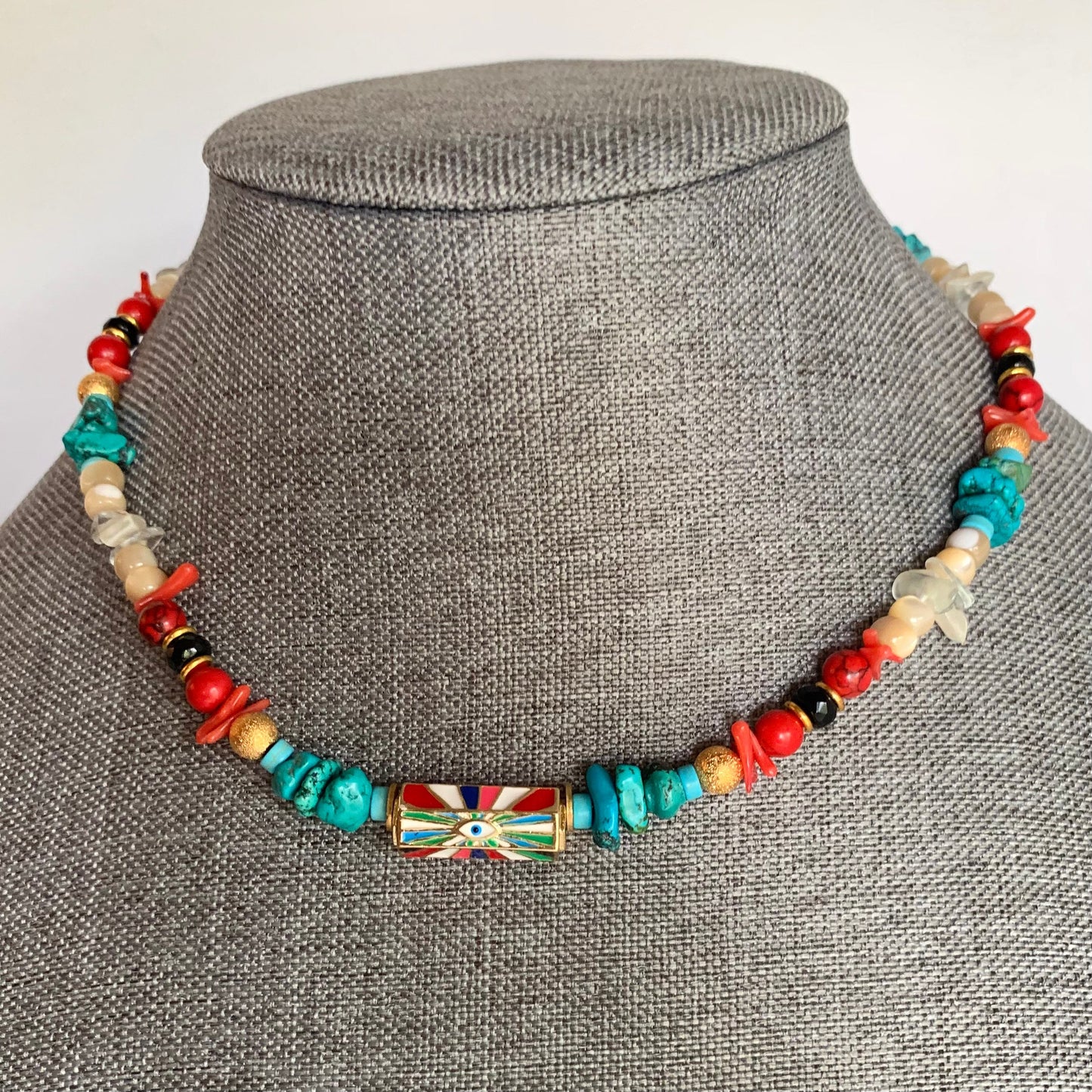 Super Style Enamel and Gold Rainbow Evil Eye with Turquoise, Coral, Quartz and Gold!