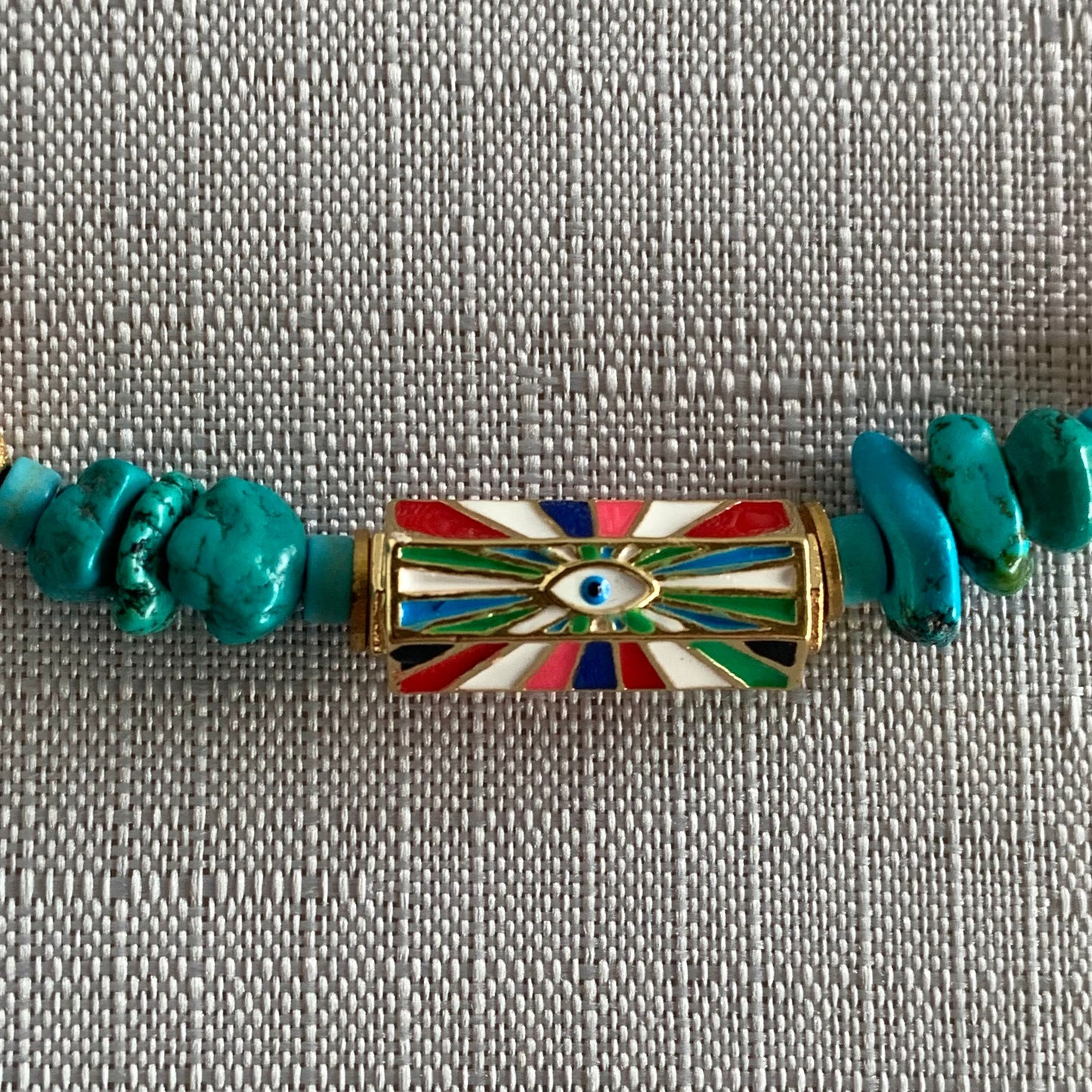 Super Style Enamel and Gold Rainbow Evil Eye with Turquoise, Coral, Quartz and Gold!