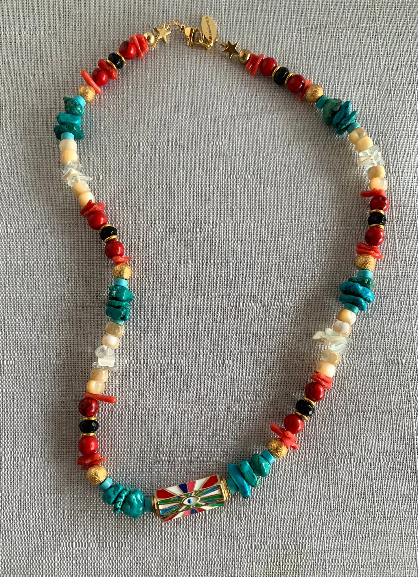 Super Style Enamel and Gold Rainbow Evil Eye with Turquoise, Coral, Quartz and Gold!