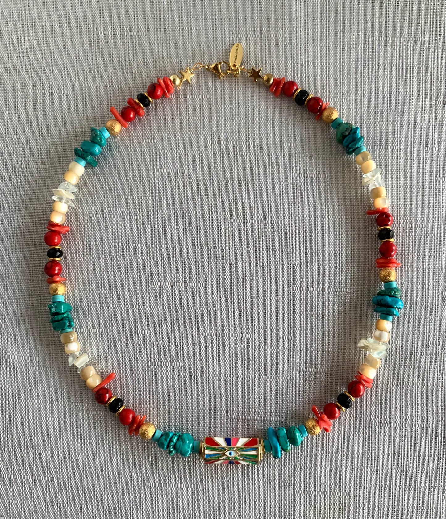 Super Style Enamel and Gold Rainbow Evil Eye with Turquoise, Coral, Quartz and Gold!
