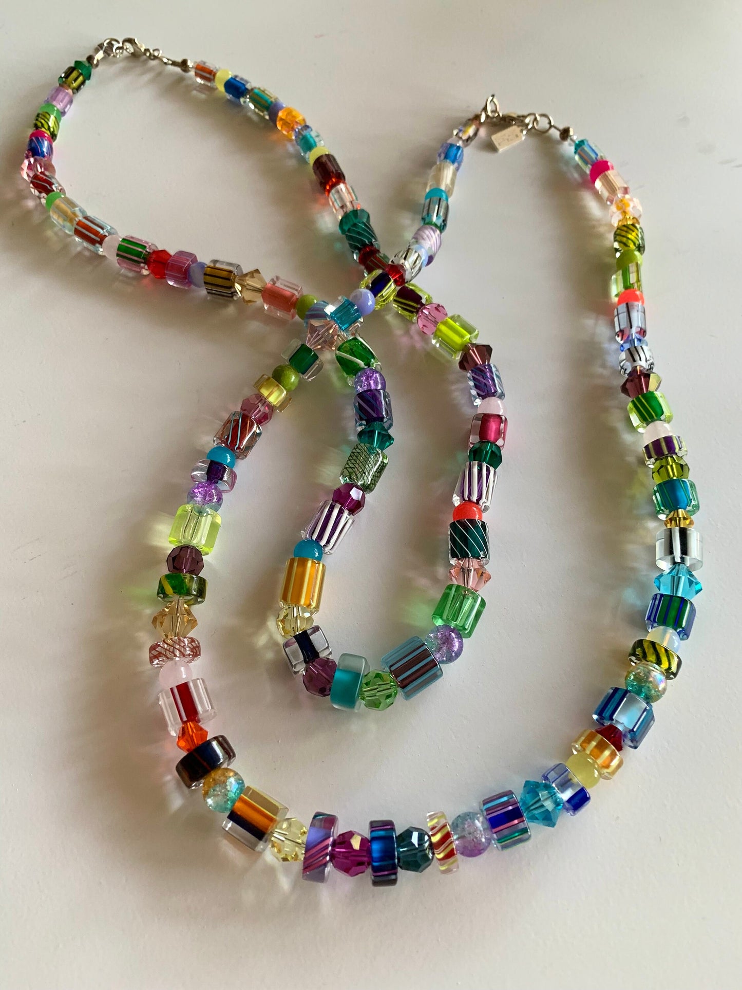 Rare Vintage Mix Artisan Hand Blown Furnace Cane-Striped & Vintage Swarovski and Crystal Rainbow Necklace V2