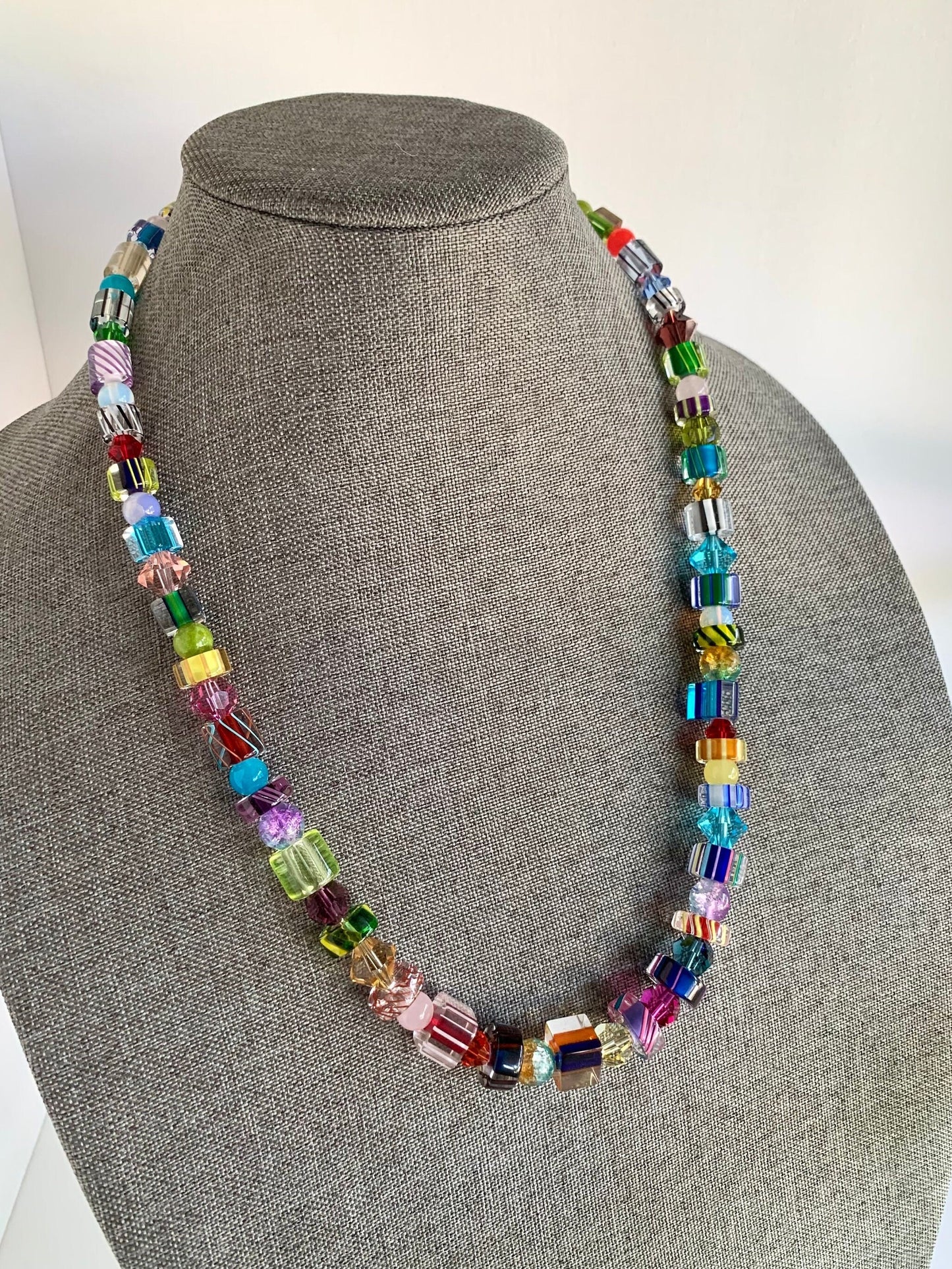Rare Vintage Mix Artisan Hand Blown Furnace Cane-Striped & Vintage Swarovski and Crystal Rainbow Necklace V2