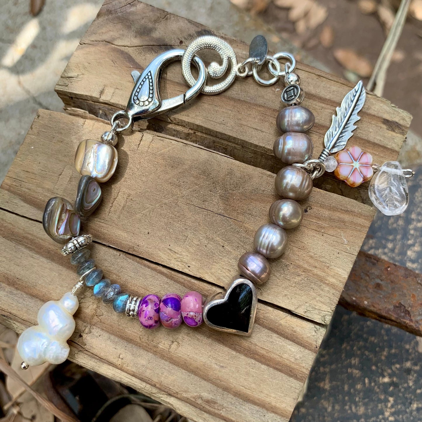 Magical Bracelet Bohemian Pink-Gray Pearl Purple Jasper Silver & Onyx Heart Bracelet
