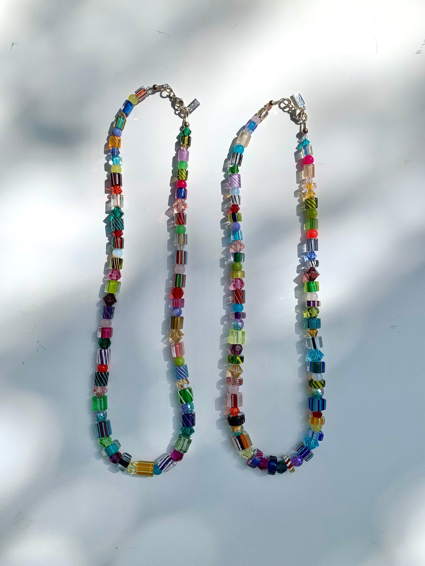 Rare Vintage Mix Artisan Hand Blown Furnace Cane-Striped & Vintage Swarovski and Crystal Rainbow Necklace V2