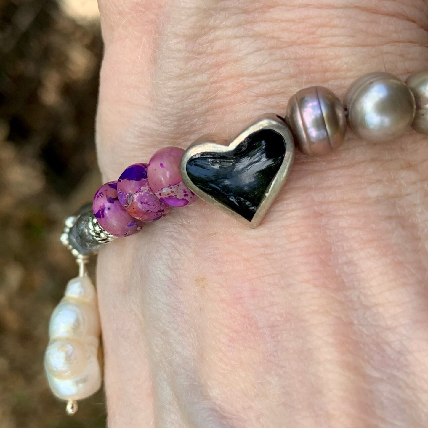 Magical Bracelet Bohemian Pink-Gray Pearl Purple Jasper Silver & Onyx Heart Bracelet
