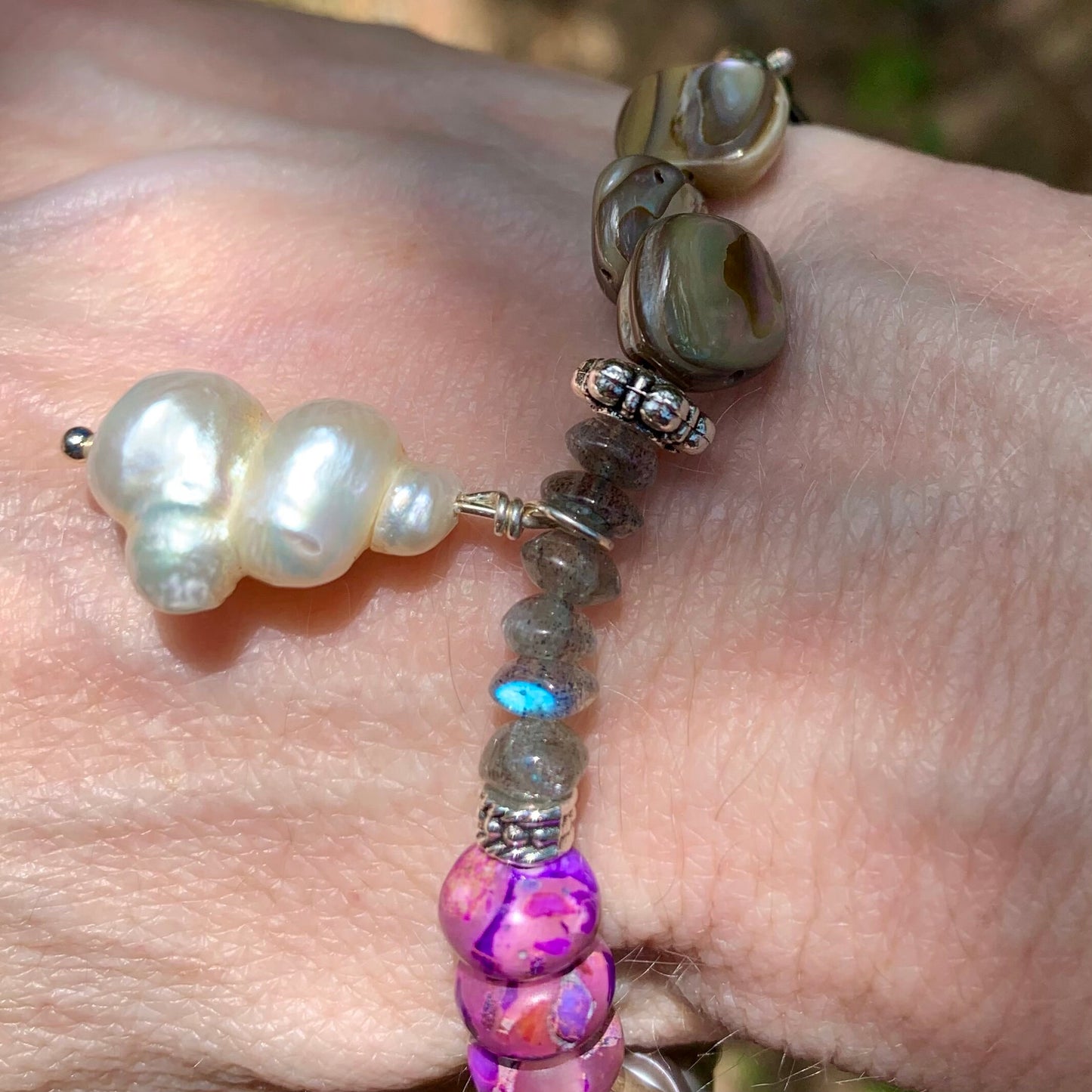 Magical Bracelet Bohemian Pink-Gray Pearl Purple Jasper Silver & Onyx Heart Bracelet
