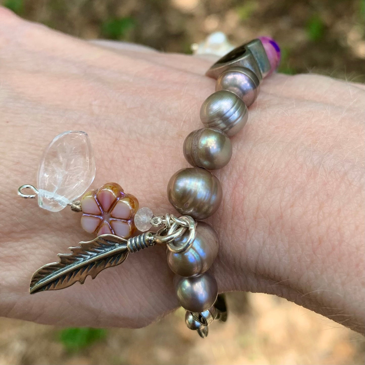 Magical Bracelet Bohemian Pink-Gray Pearl Purple Jasper Silver & Onyx Heart Bracelet