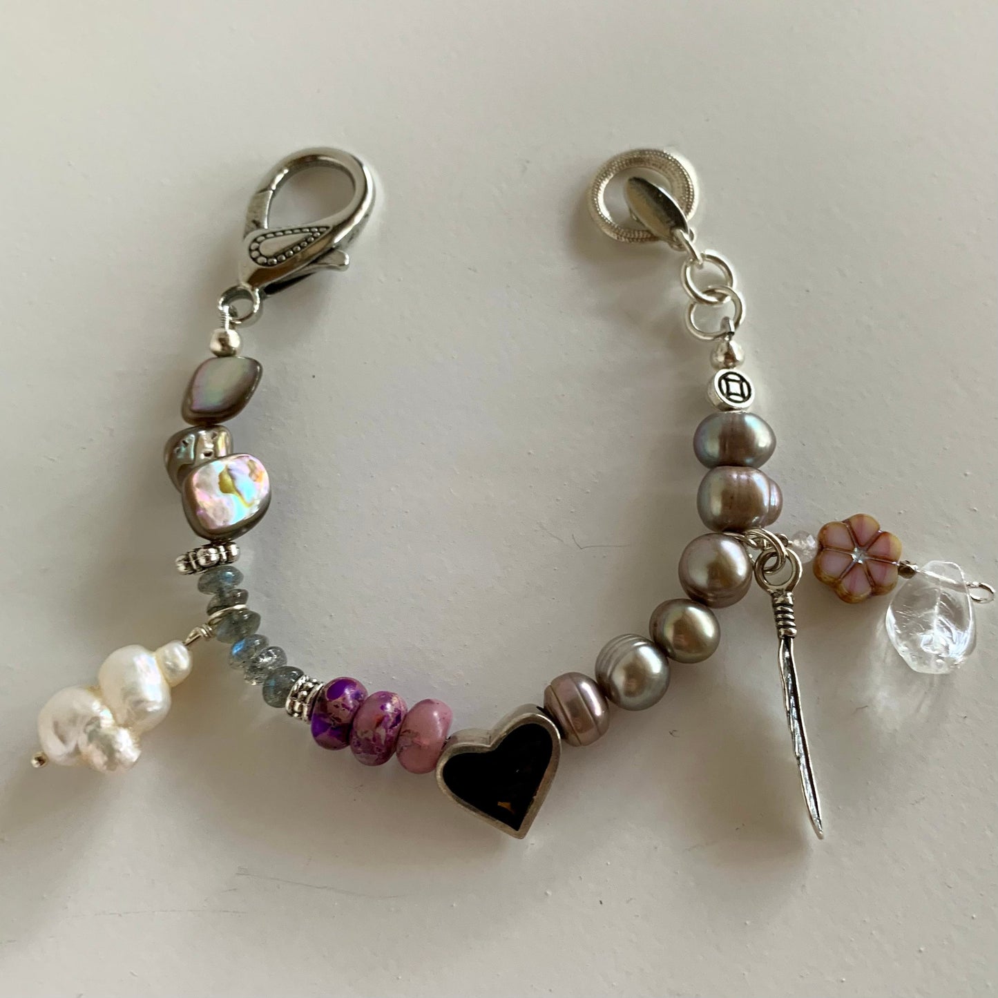 Magical Bracelet Bohemian Pink-Gray Pearl Purple Jasper Silver & Onyx Heart Bracelet