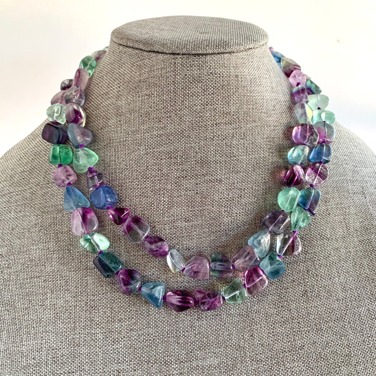 Double Fantasy Fluorite Two Strand Purple and Blue Rainbow Sterling Silver and Amethyst Toggle Clasp Necklace