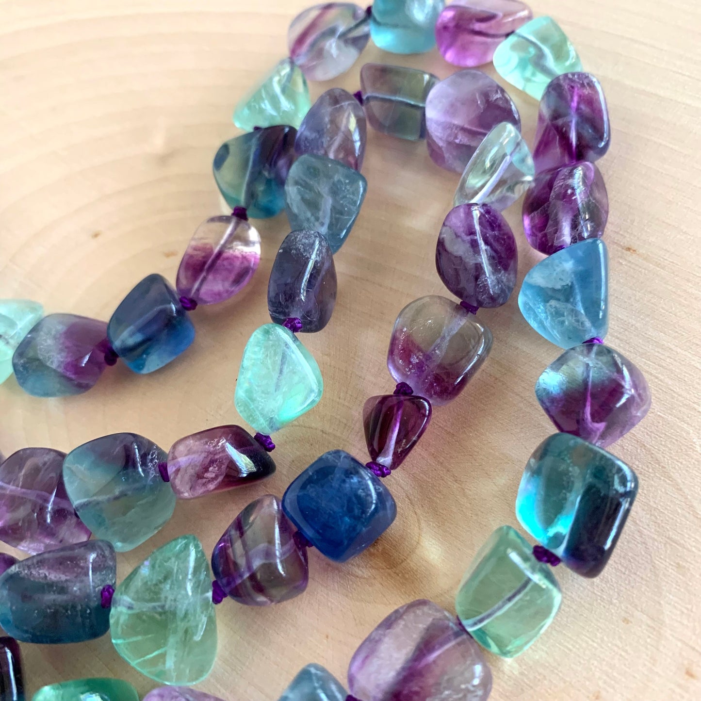 Double Fantasy Fluorite Two Strand Purple and Blue Rainbow Sterling Silver and Amethyst Toggle Clasp Necklace