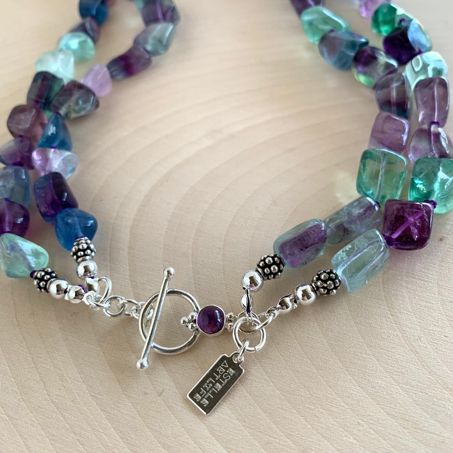 Double Fantasy Fluorite Two Strand Purple and Blue Rainbow Sterling Silver and Amethyst Toggle Clasp Necklace