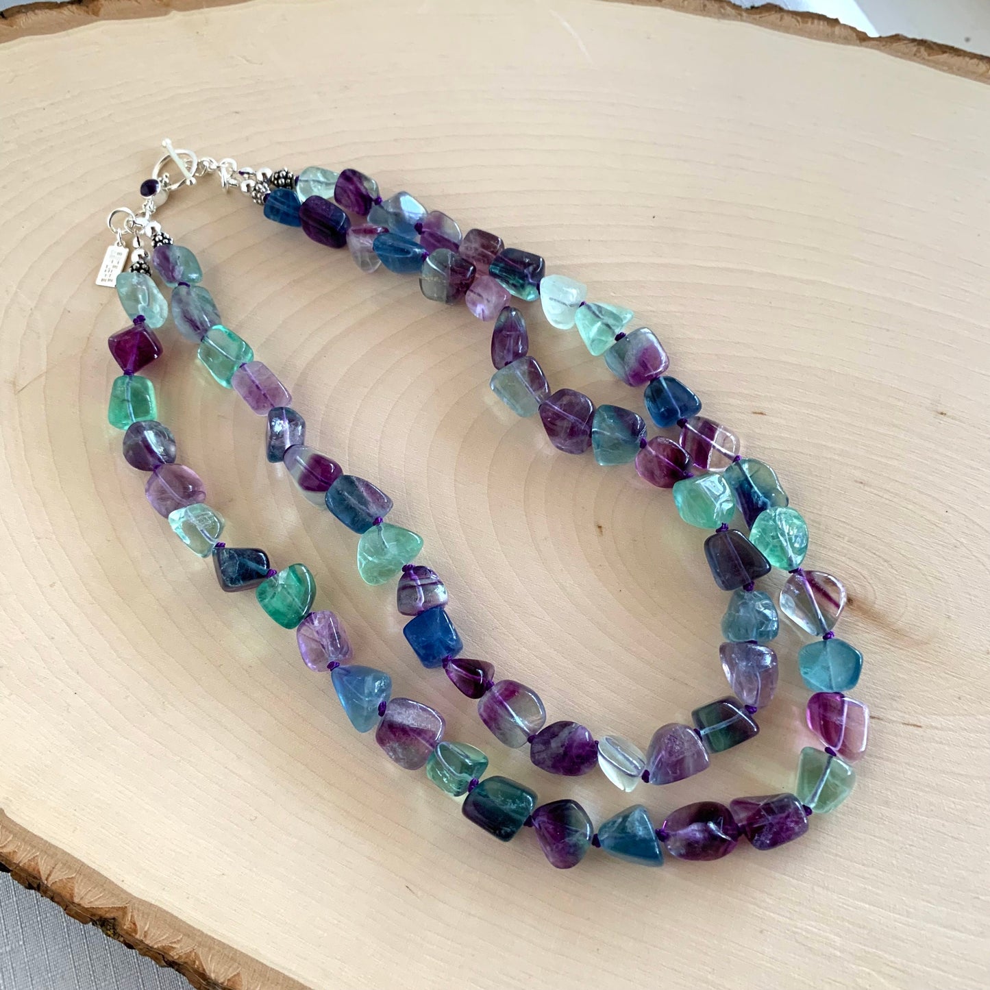 Double Fantasy Fluorite Two Strand Purple and Blue Rainbow Sterling Silver and Amethyst Toggle Clasp Necklace
