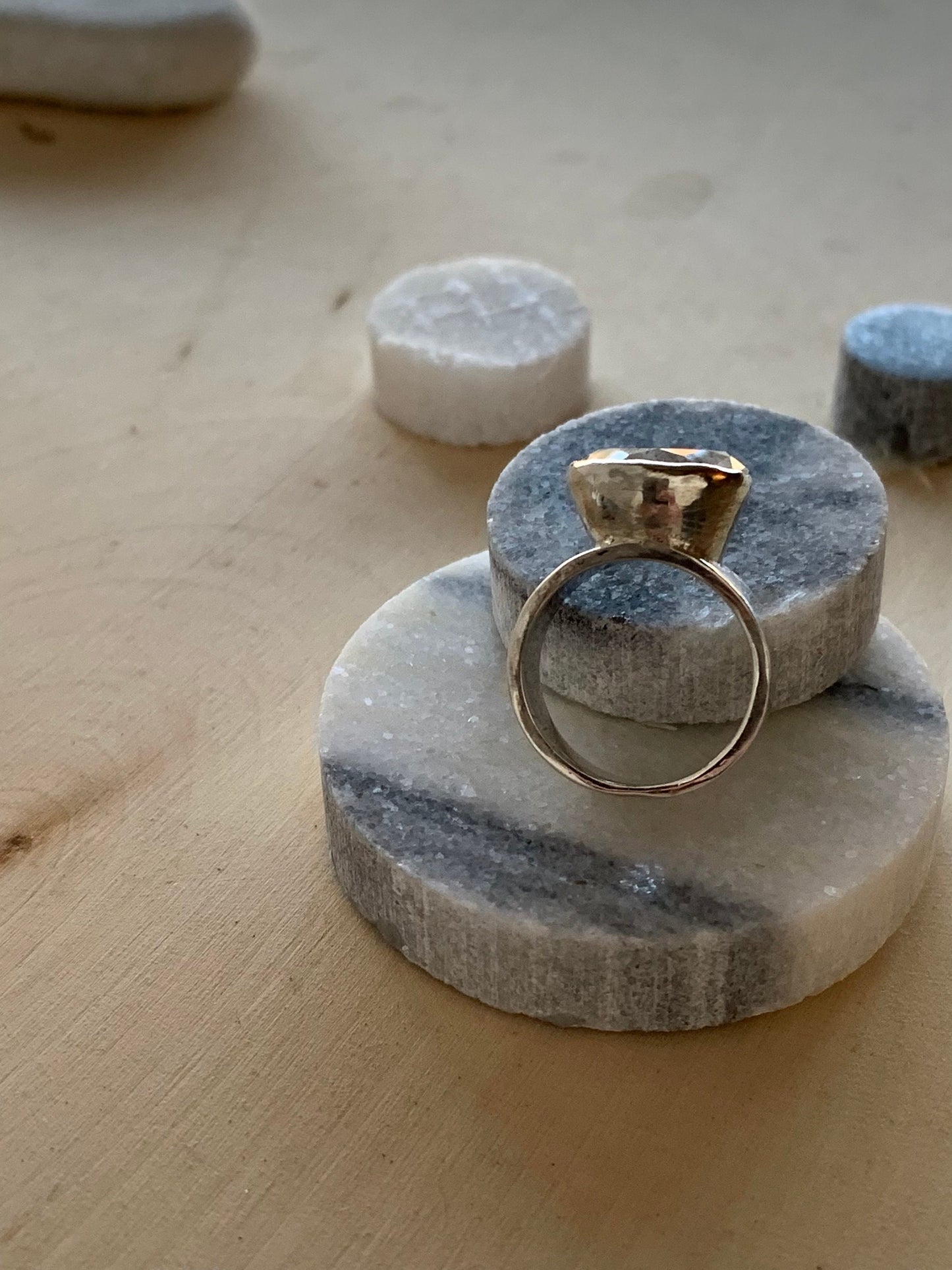 Sterling Silver Handmade Large Clear Faceted Quartz Ring / Modern / Thick Tapered Band