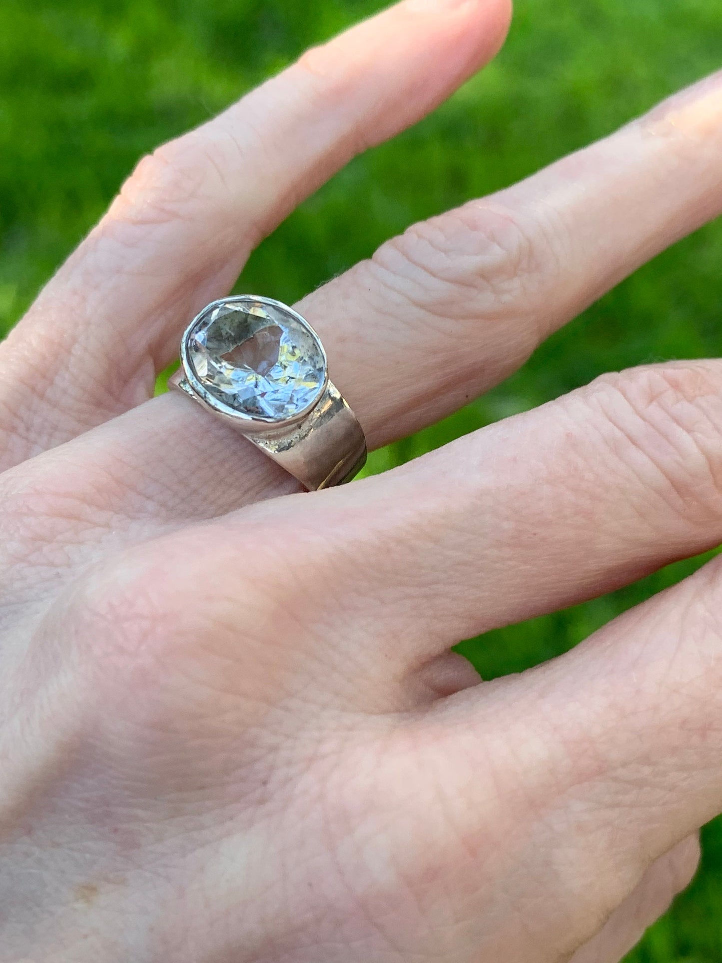 Sterling Silver Handmade Large Clear Faceted Quartz Ring / Modern / Thick Tapered Band