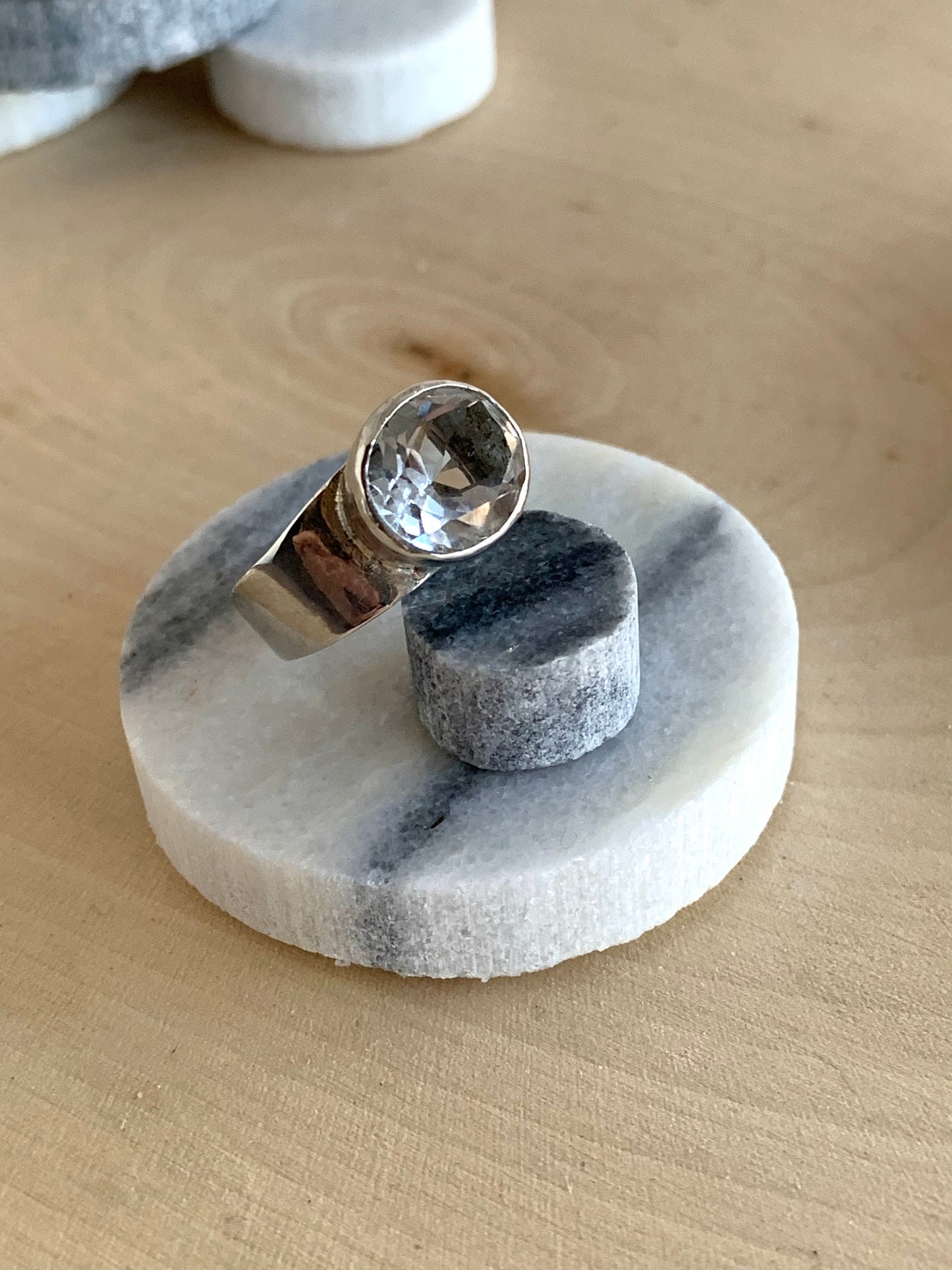 Sterling Silver Handmade Large Clear Faceted Quartz Ring / Modern / Thick Tapered Band