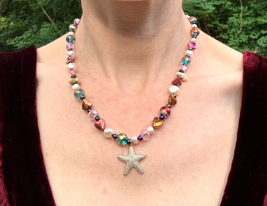 Beachy Boho Chic Pearl & Glass bead, Gold Starfish pendant Necklace