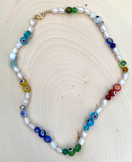 Boho Chic Pearl Millefiori Glass Crystal Necklace