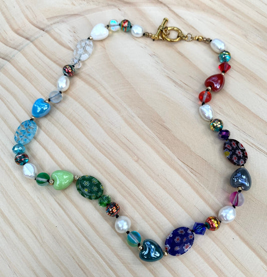 Boho Chic Rainbow Pearl Millefiori Heart and Crystal & Iridescent Glass Necklace