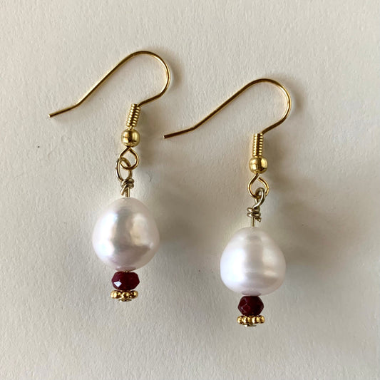 AAA Pearl and Ruby Drop Earrings with gold fill accents